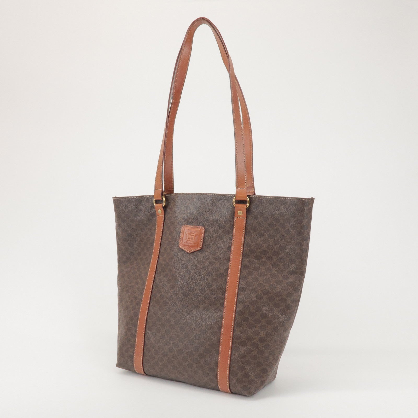 CELINE Macadam PVC Coated Canvas Leather Tote Bag Hand Bag Brown