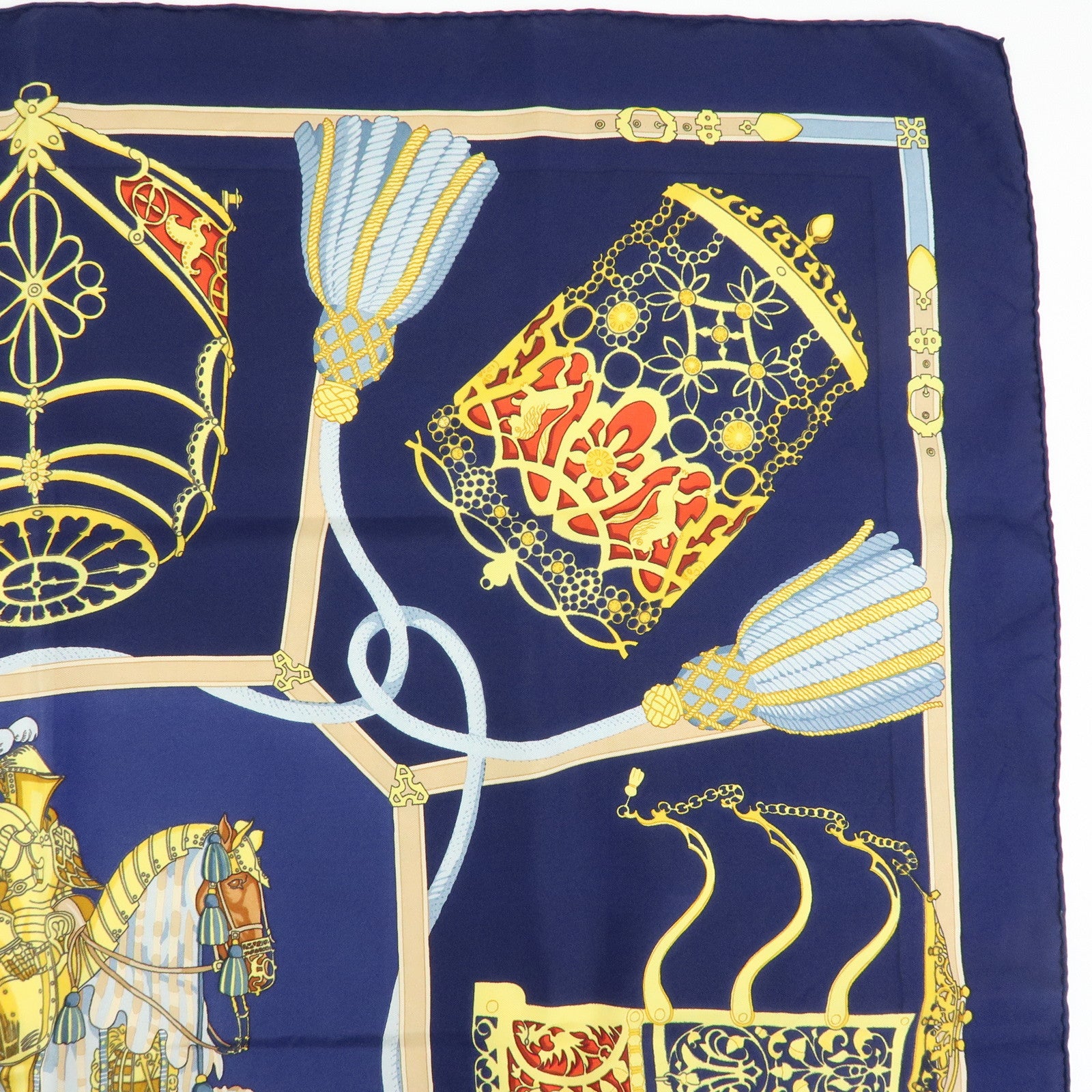 HERMES Carre 90 Silk 100% Scarf LES MUSEROLLES Navy Yellow