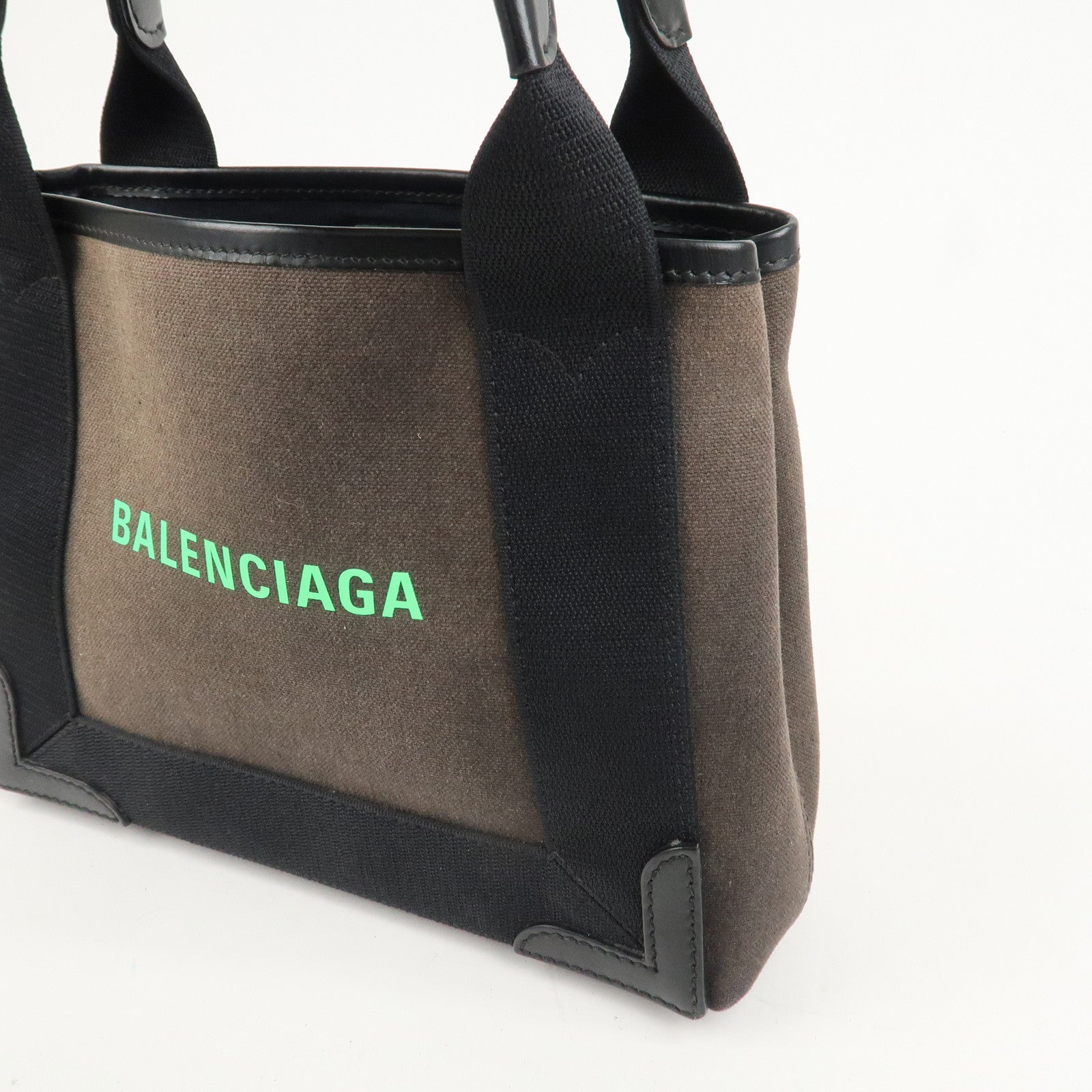 BALENCIAGA Canvas Leather Navy Cabas XS Hand Bag Brown 390346