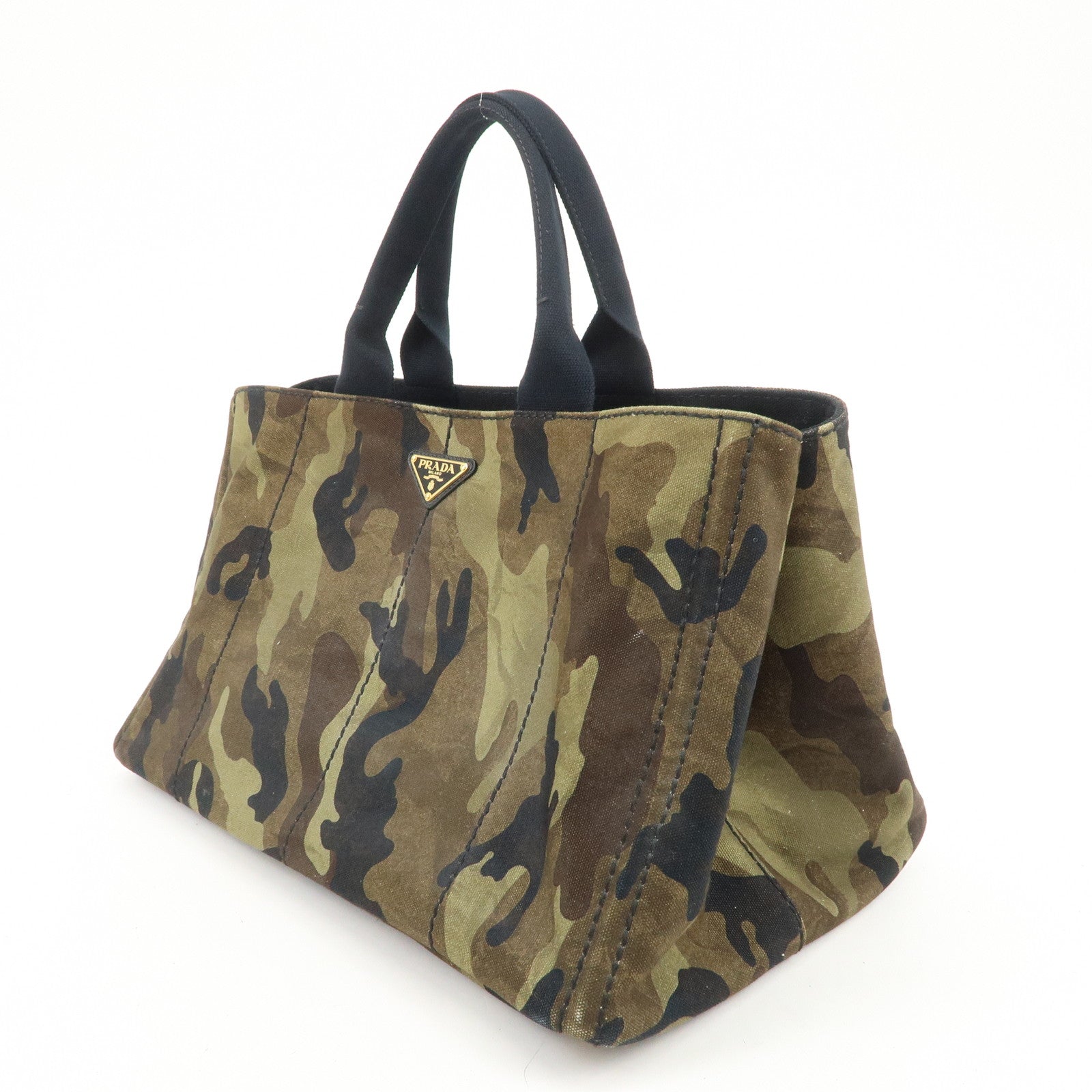 PRADA Triangle Logo Canapa Large Canvas Tote Hand Bag Khaki BN1872