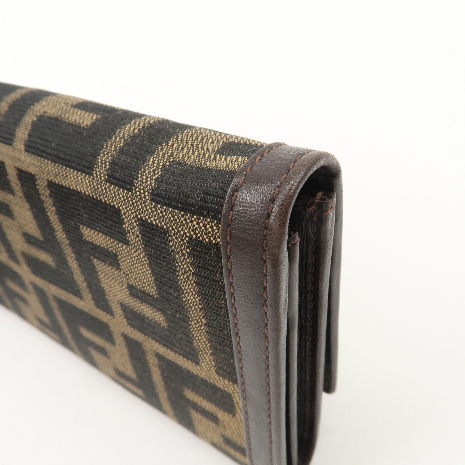 FENDI Zucca Canvas Leather Flap Long Wallet Brown 31084