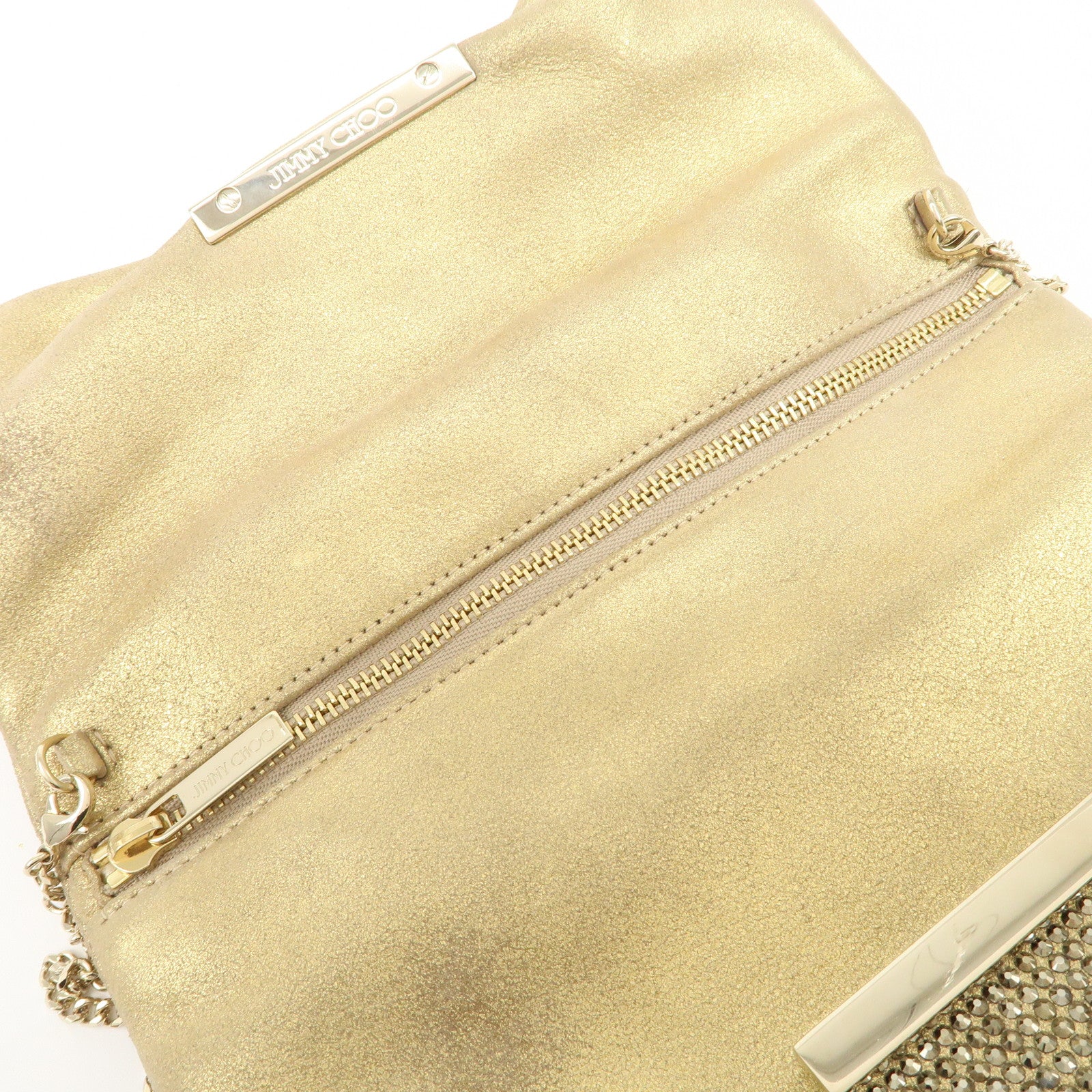 JIMMY CHOO Leather Mini Chain Shoulder Bag Rhine Stone Gold