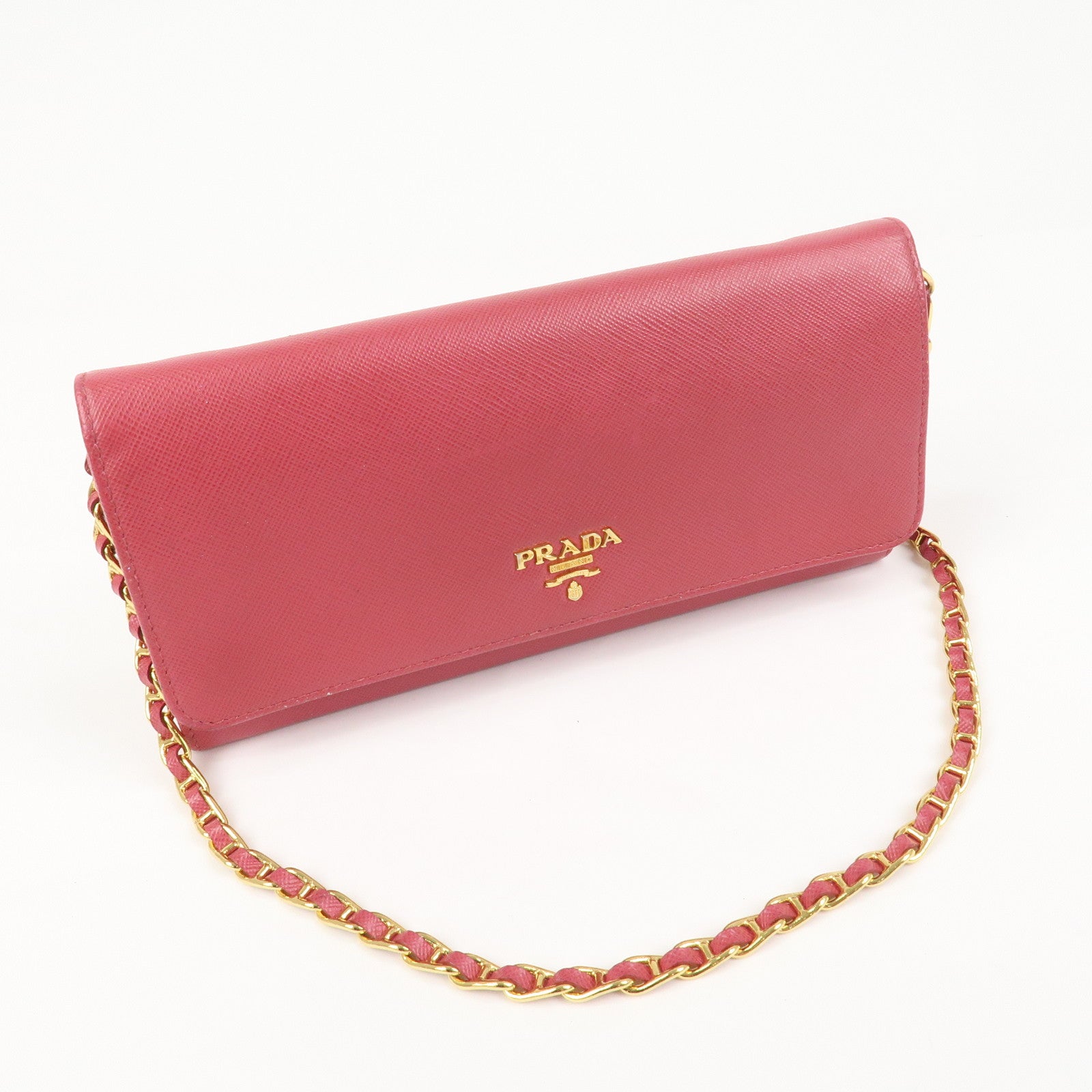 PRADA Logo Saffiano Leather WOC Chain Long Wallet Pink 1M1290