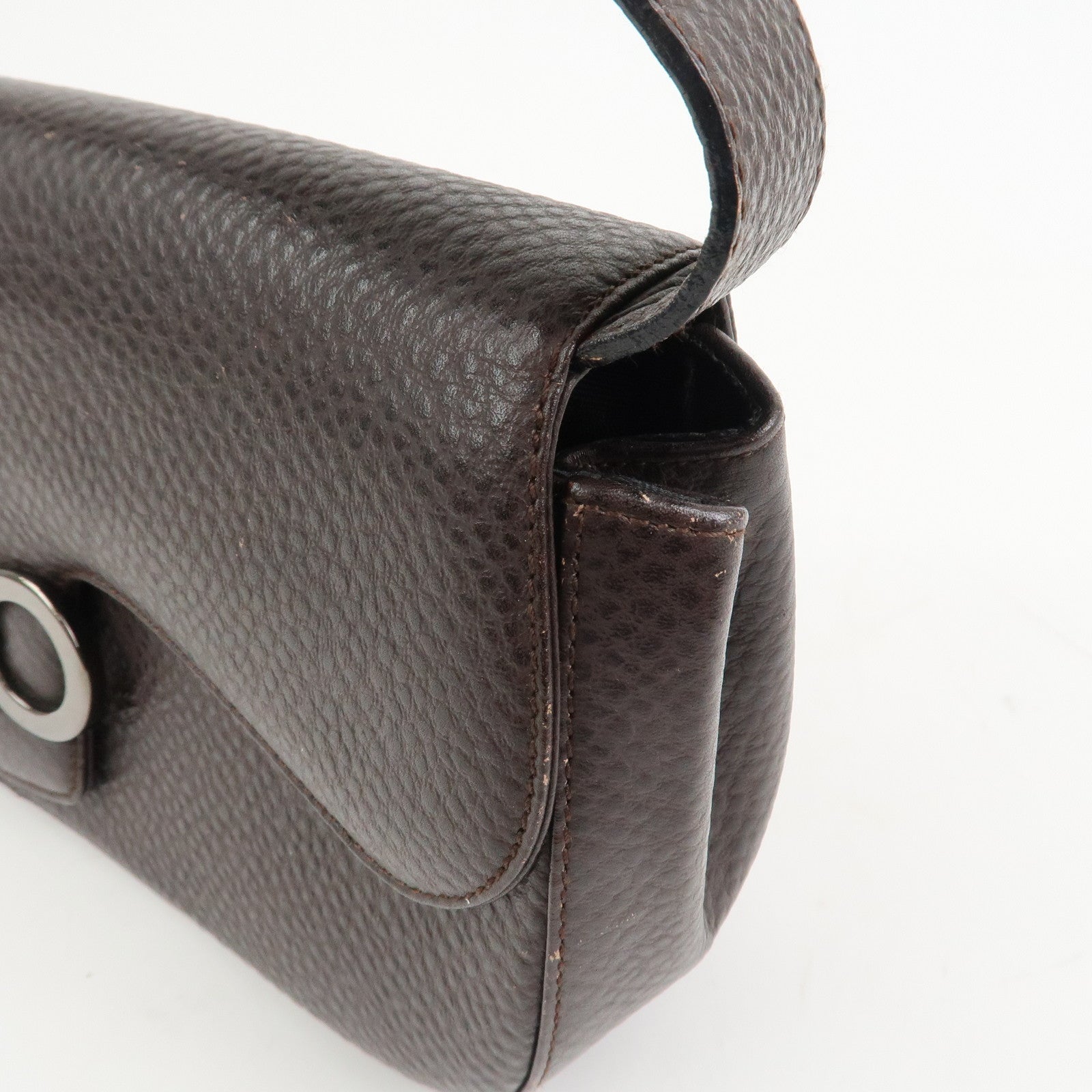 Ferragamo Gancini Logo Leather Shoulder Bag Hand Bag Brown