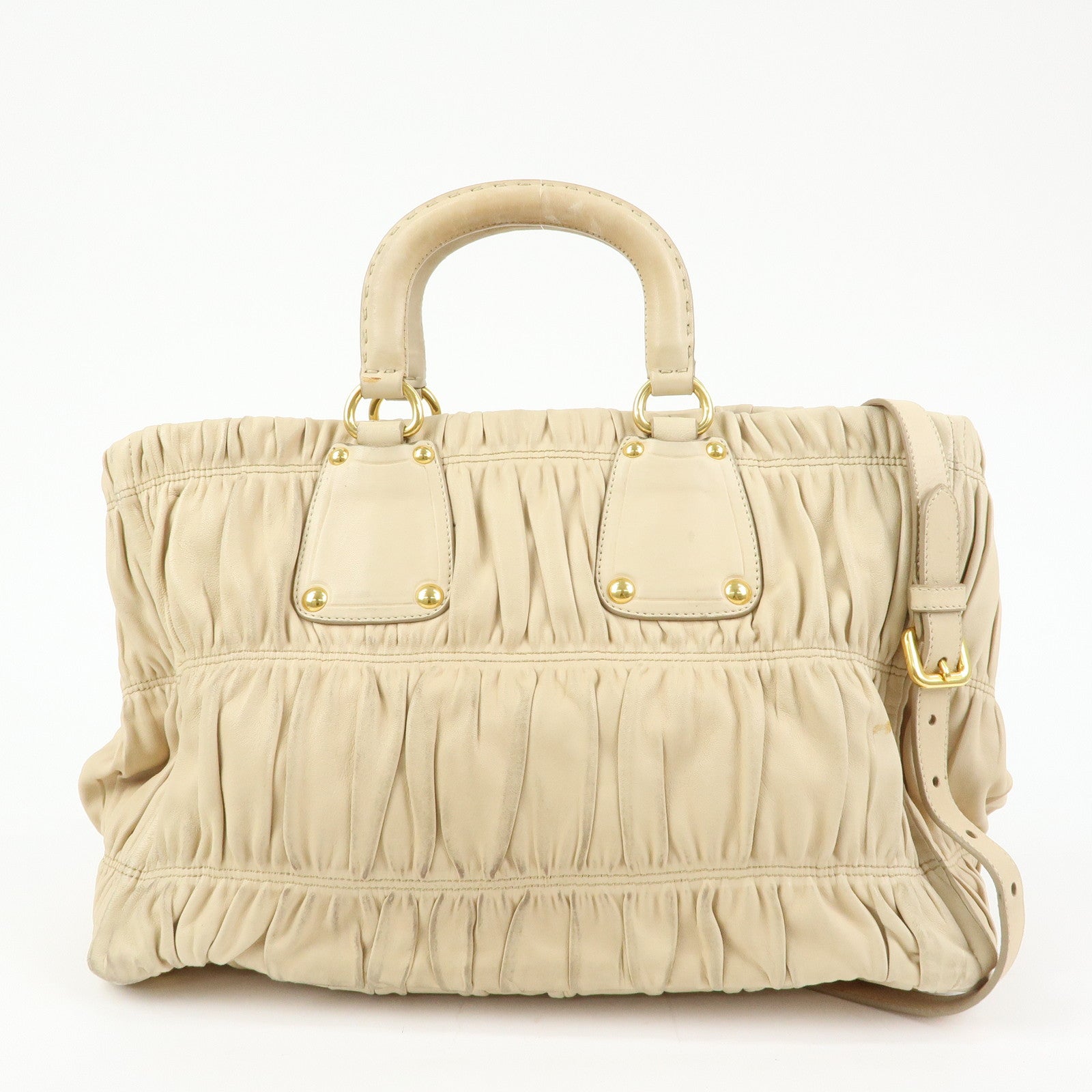 PRADA Logo Gathered Leather 2Way Hand Bag Shoulder Bag Beige BN1924