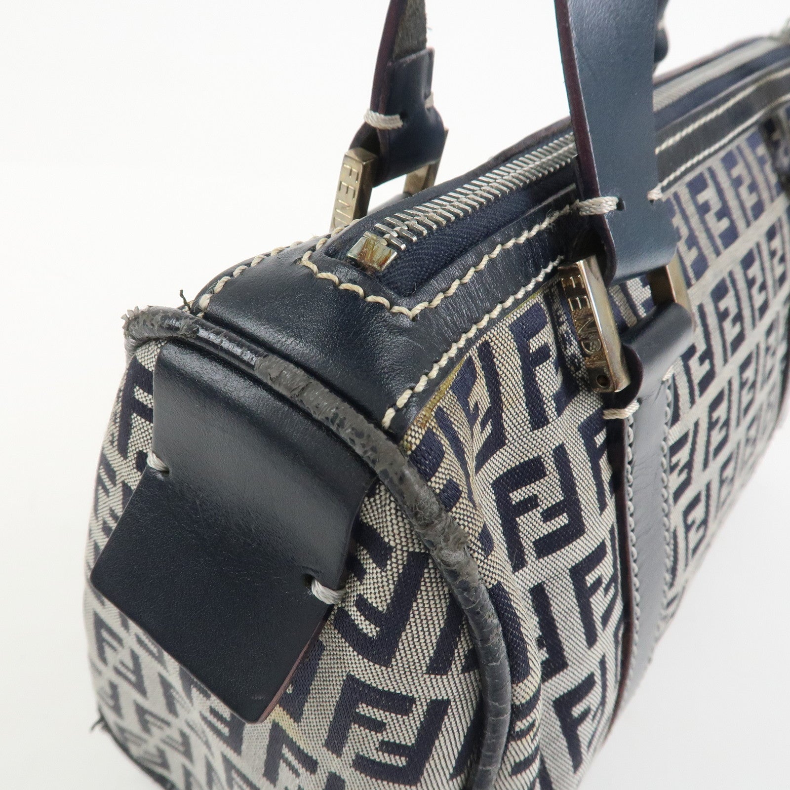 FENDI Zucchino Canvas Leather Hand Bag Mini Boston Bag Navy 16327