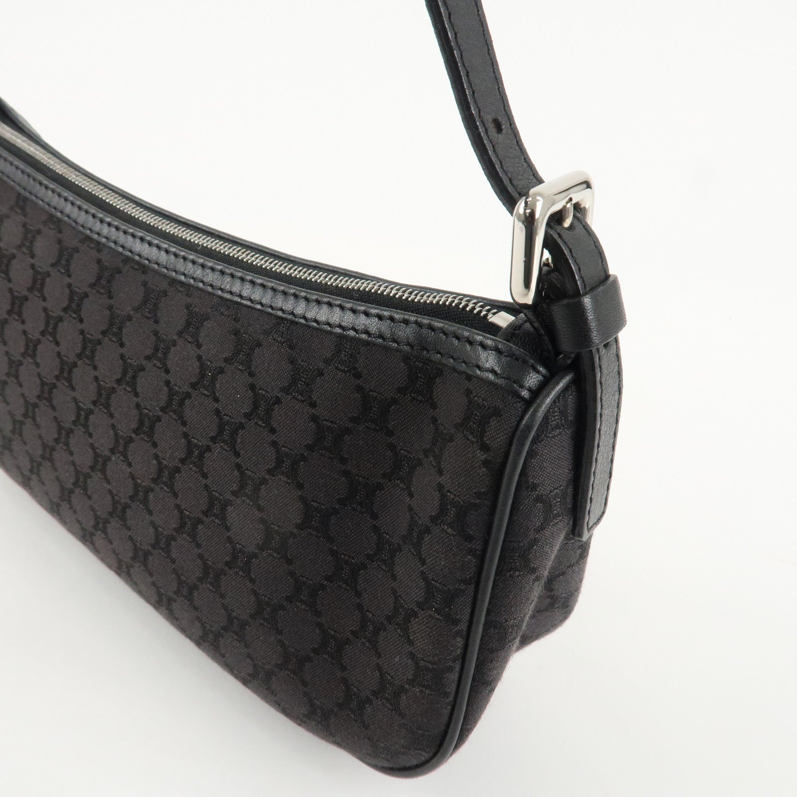 CELINE Macadam Canvas Leather Accessory Pouch Silver HDW Black Used