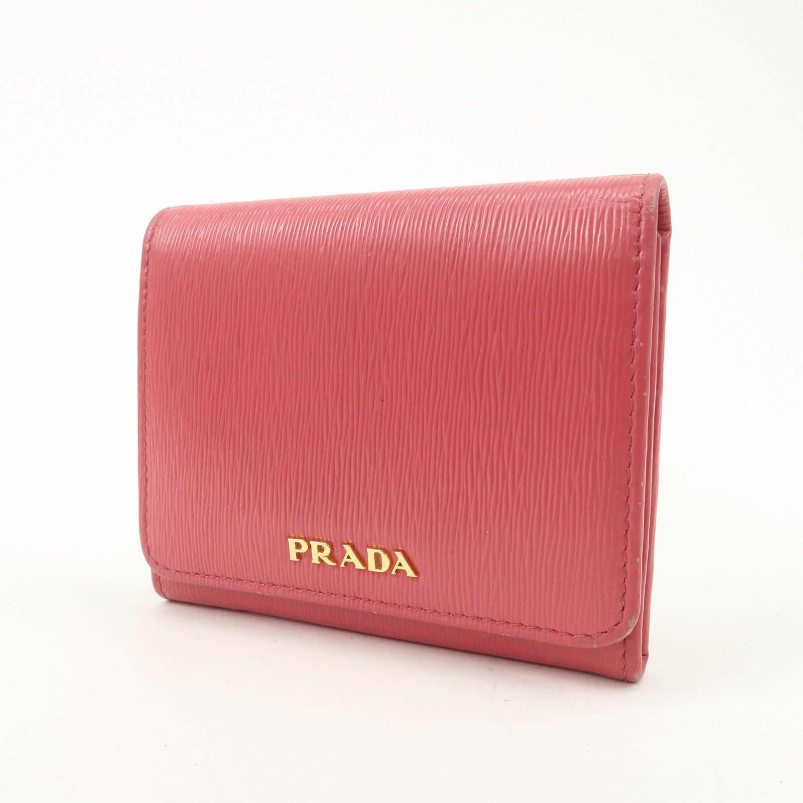 PRADA Saffiano Leather Trifold Compact Wallet Pink 1MH176 Used