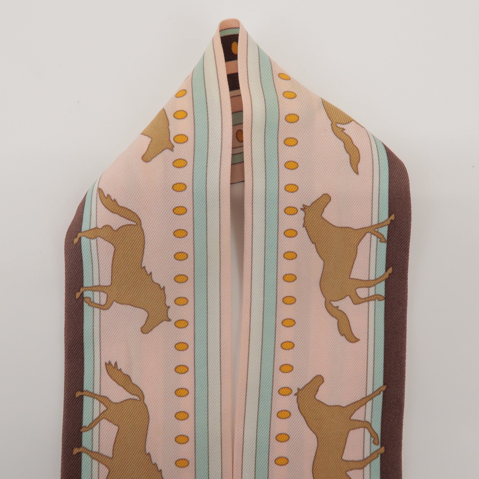 HERMES Twilly 100% Silk Scarf Sequence Pink Brown