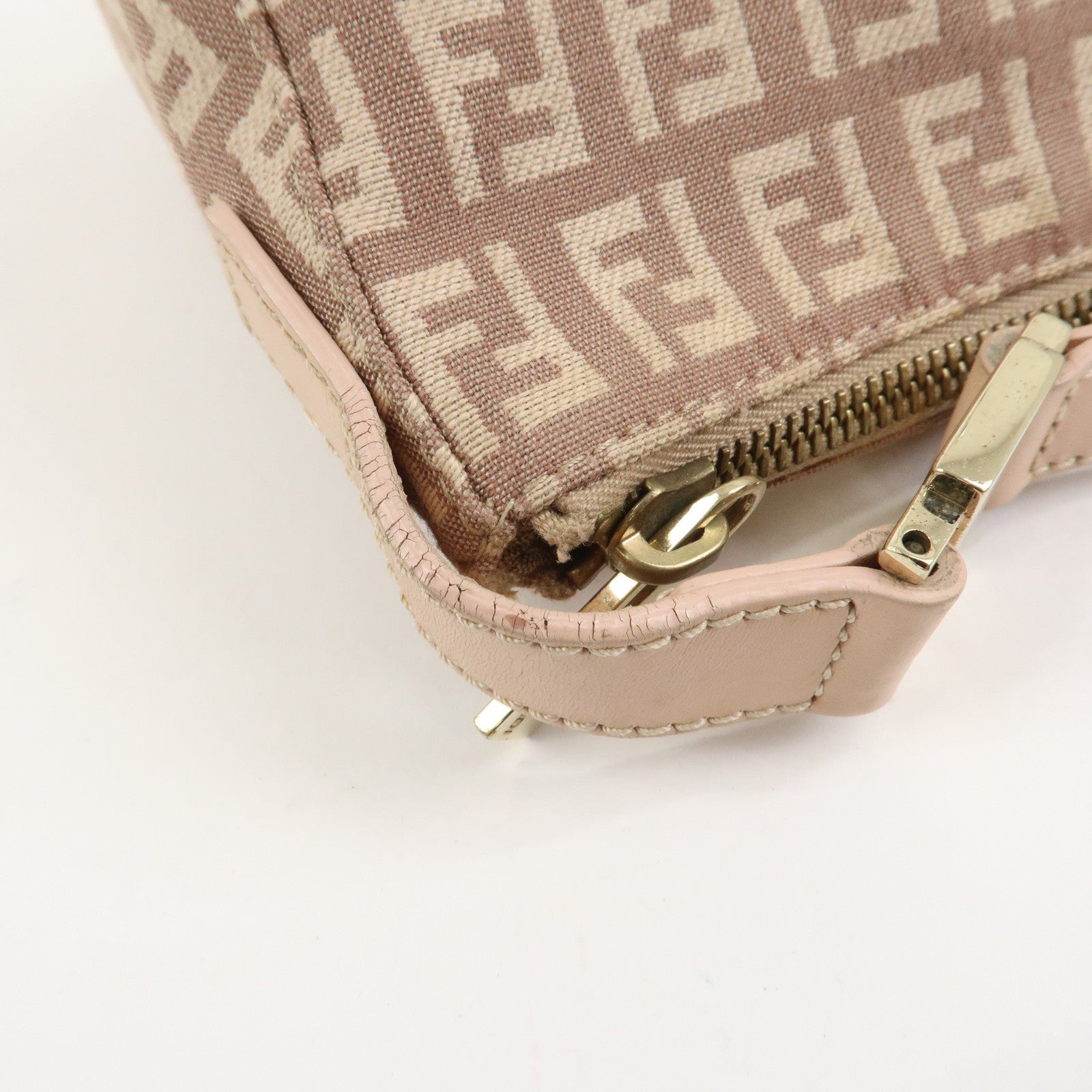 FENDI Zucchino Canvas Leather Shoulder Hand Bag Pink Beige 8BR444