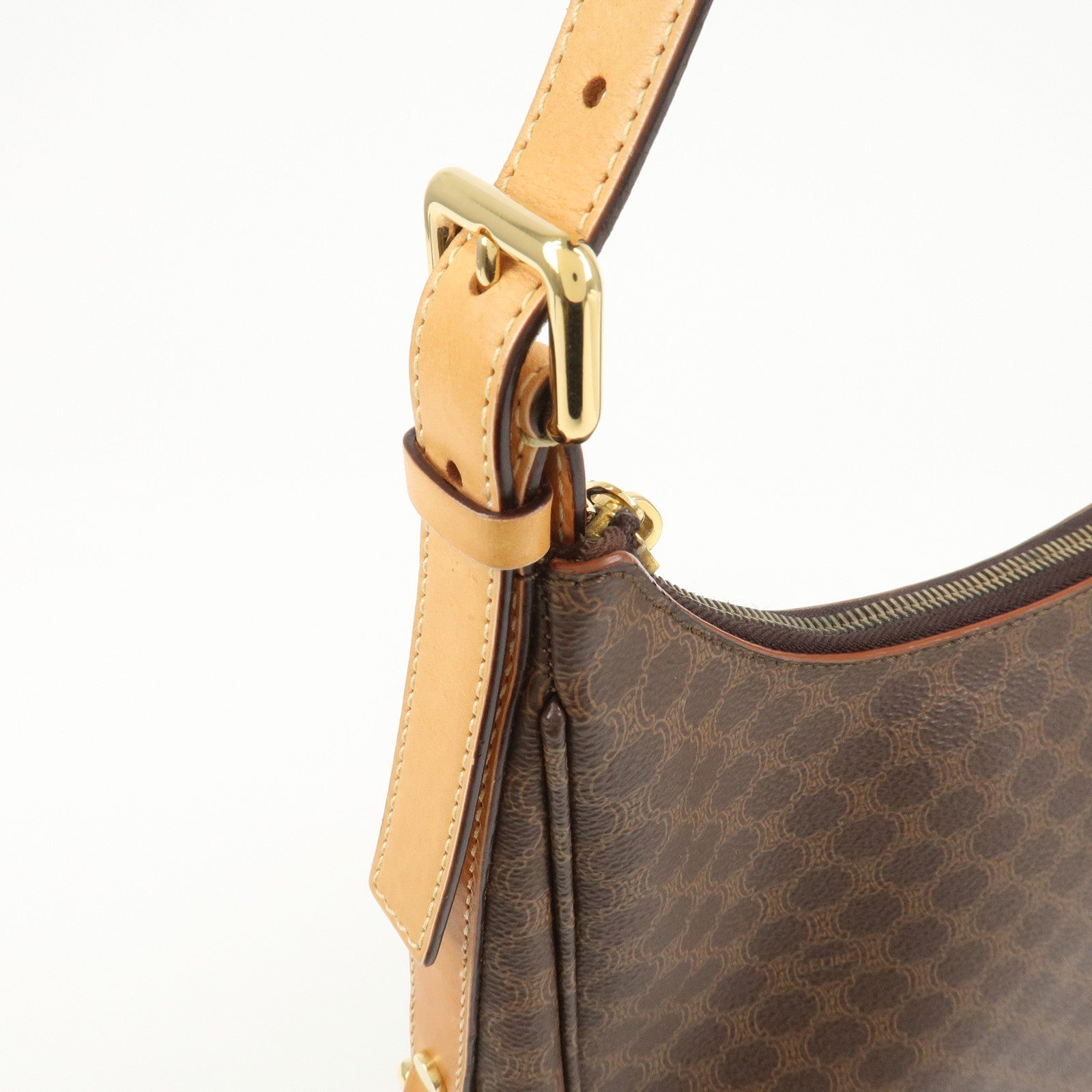 CELINE Macadam PVC Coating Canvas Leather Shoulder Bag Brown