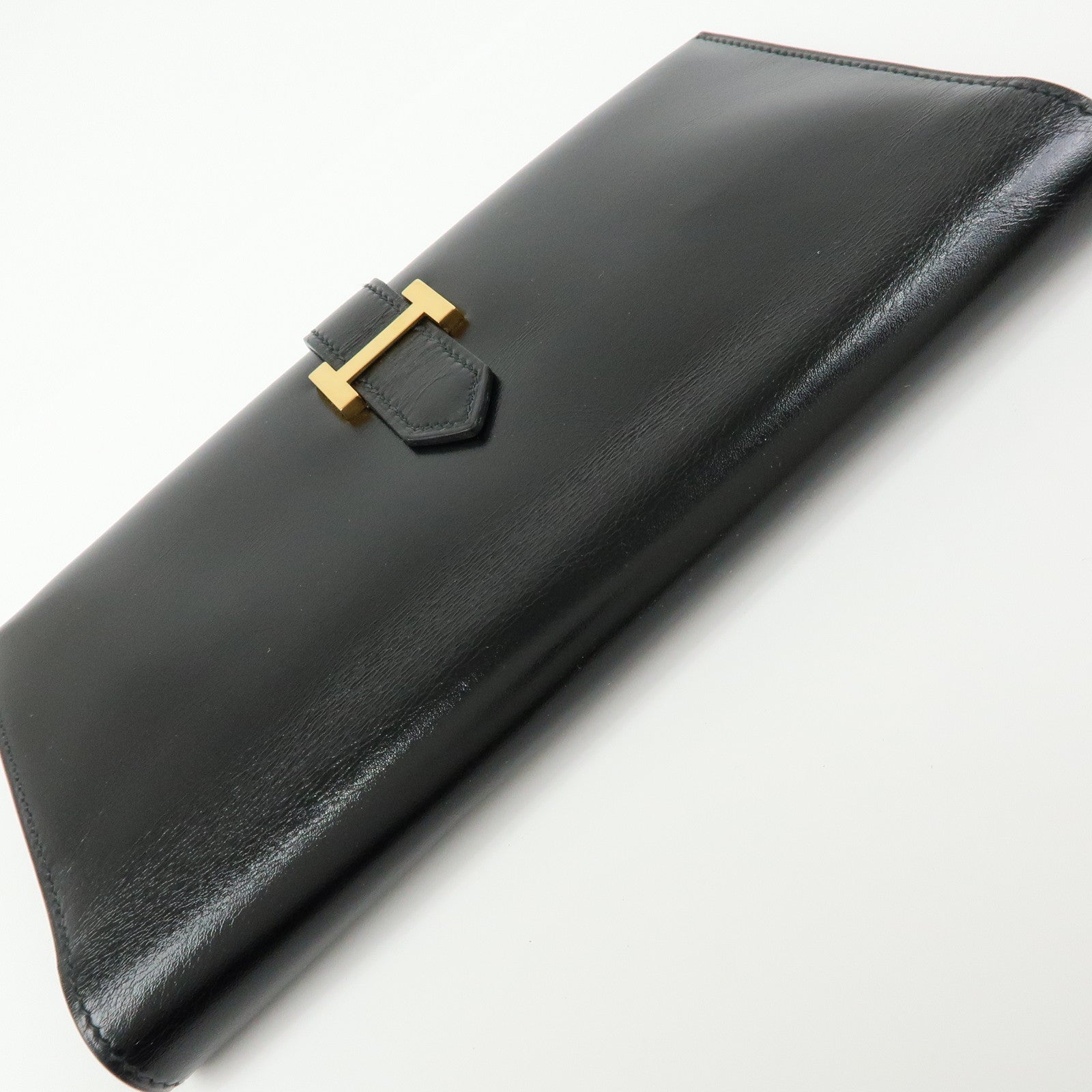 HERMES Bearn Box Calf Bi-fold Long Wallet 〇QStamped Black Gold