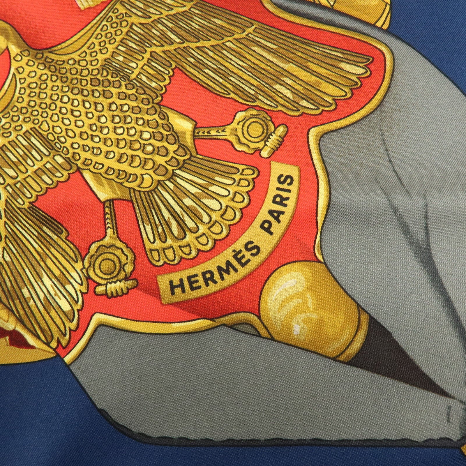 HERMES Carre 90 Silk 100% Soleil de Soie Scarf Gold Red Navy