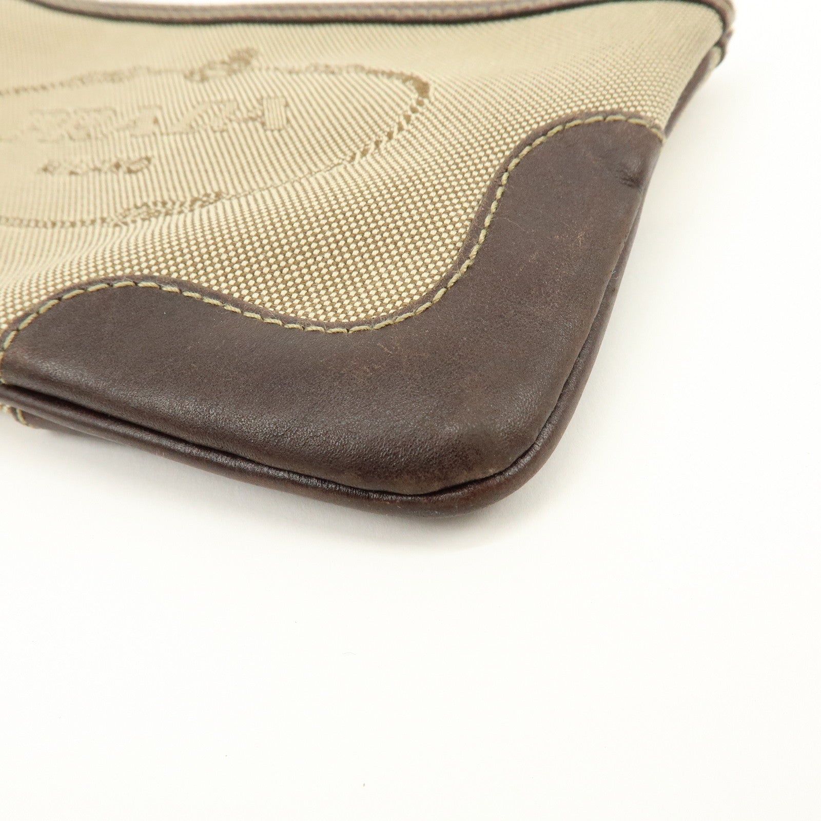 PRADA Logo Jacquard Leather Pouch Cosmetic Case Beige Brown