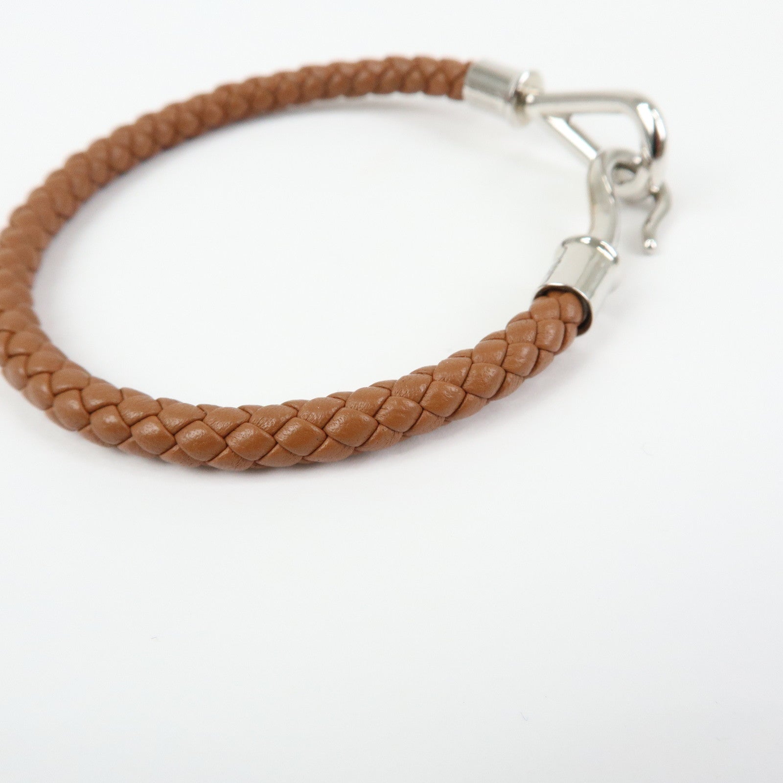 HERMES Jumbo Choker Leather Metal Bracelet Brown Silver