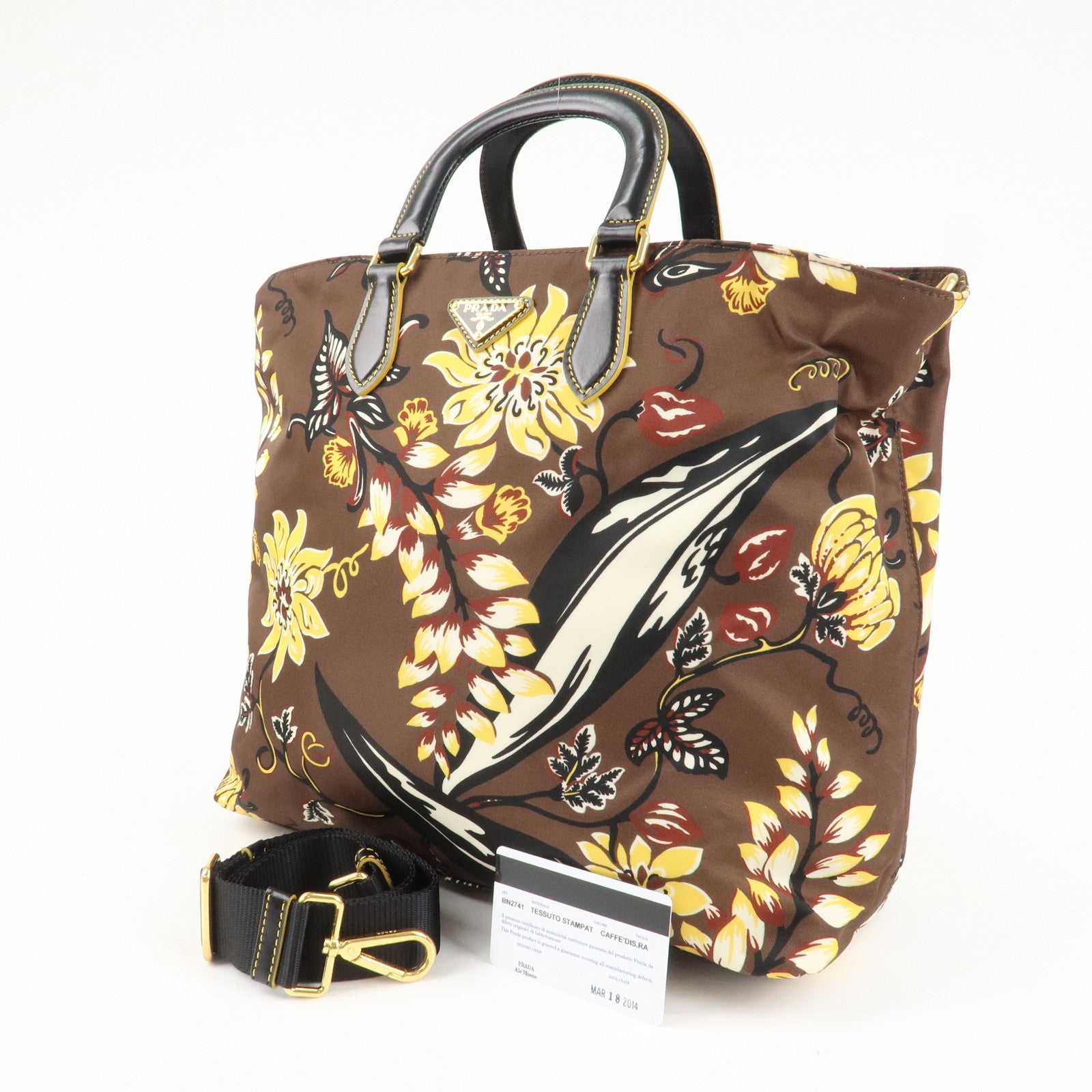 PRADA Triangle Logo Nylon Leather 2Way Bag Shoulder Bag Hand Bag Floral Print Brown Yellow BN2741 Used