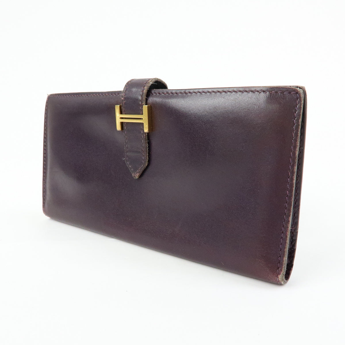 HERMES Bearn Box Calf Leather Bi-fold Long Wallet Purple