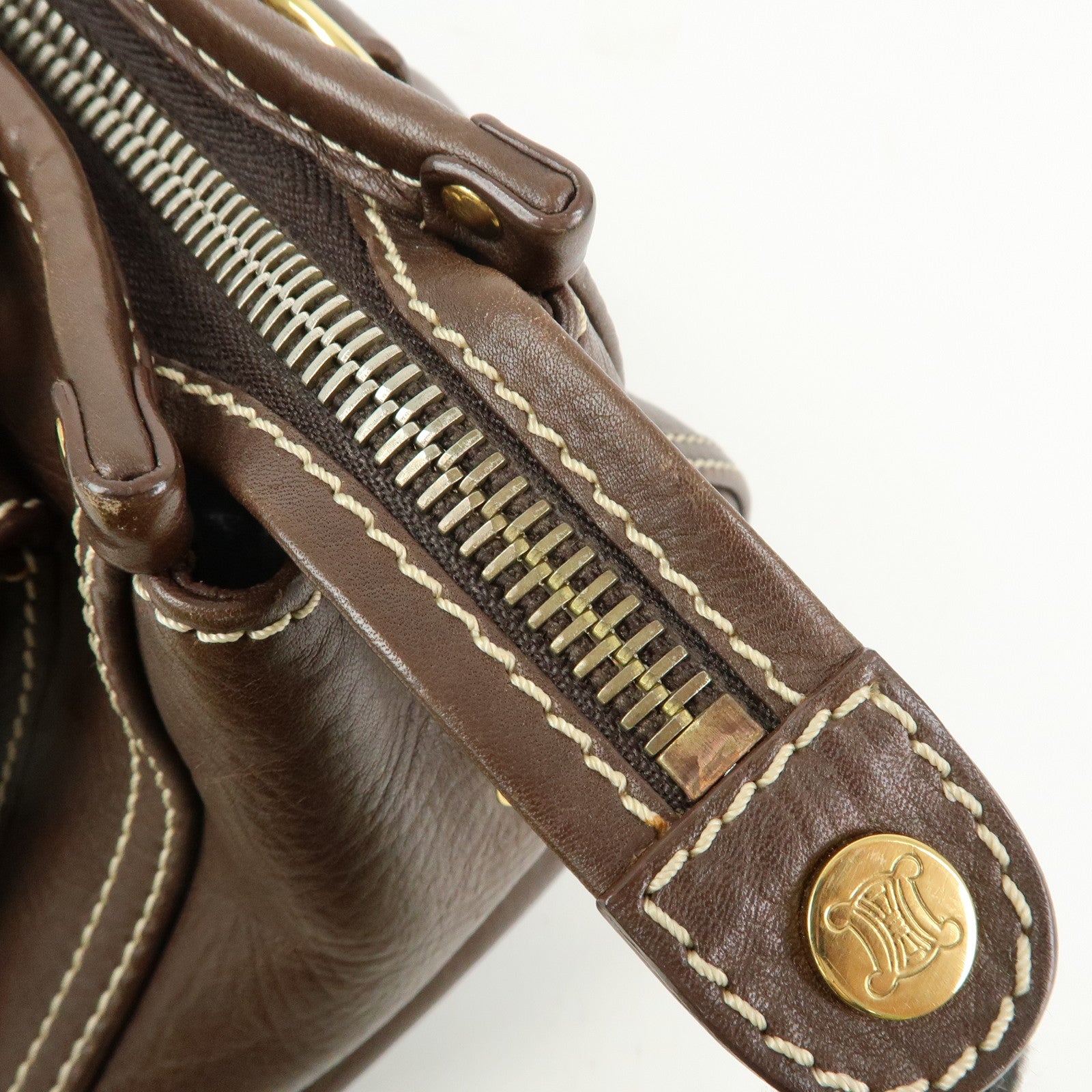 CELINE Logo Leather Hand Bag Mini Boston Bag Dark Brown