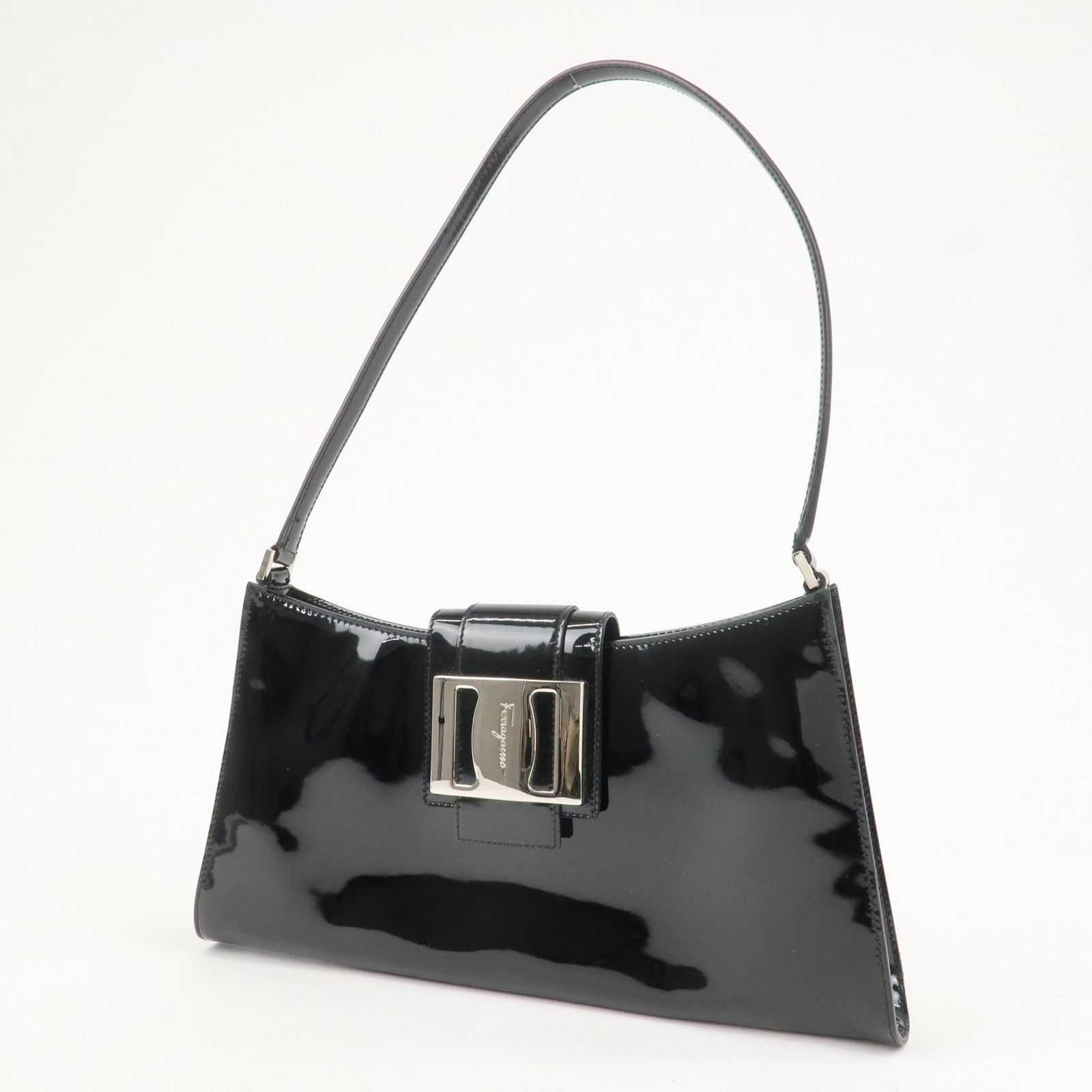 Ferragamo Patent Leather Shoulder Bag Hand Bag Black Silver HDW