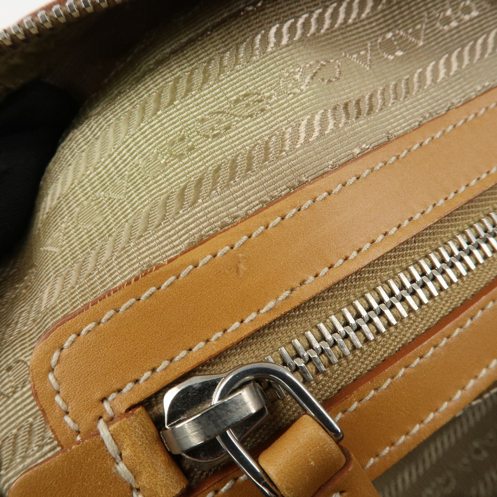 PRADA Logo Jacquard Leather Boston Bag Shoulder Bag Beige Used