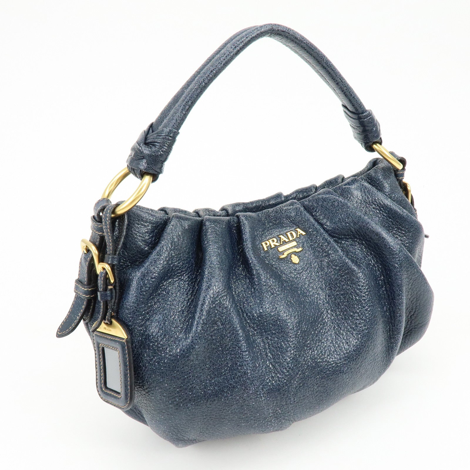 PRADA Logo Shiny Coated Leather Shoulder Bag Hand Bag Navy BR4070