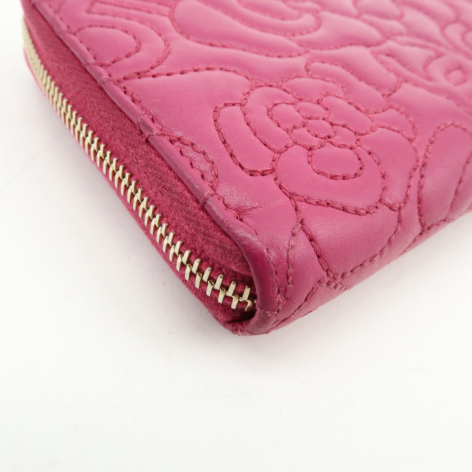 CHANEL Camellia No.5 COCO Mark Calf Leather Zippy Long Wallet Pink