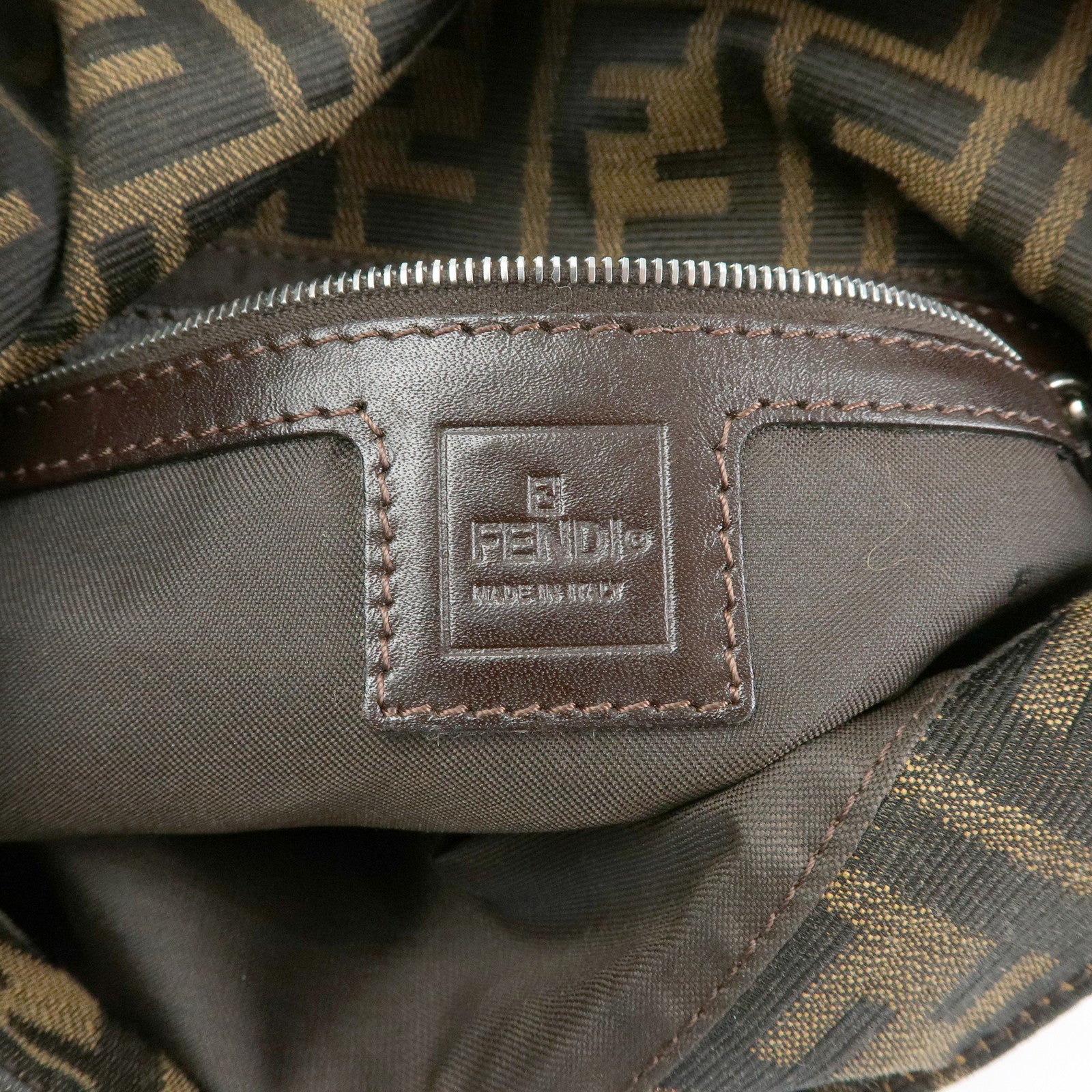 FENDI Mamma Baguette Zucca Canvas Leather Shoulder Bag Brown 26325