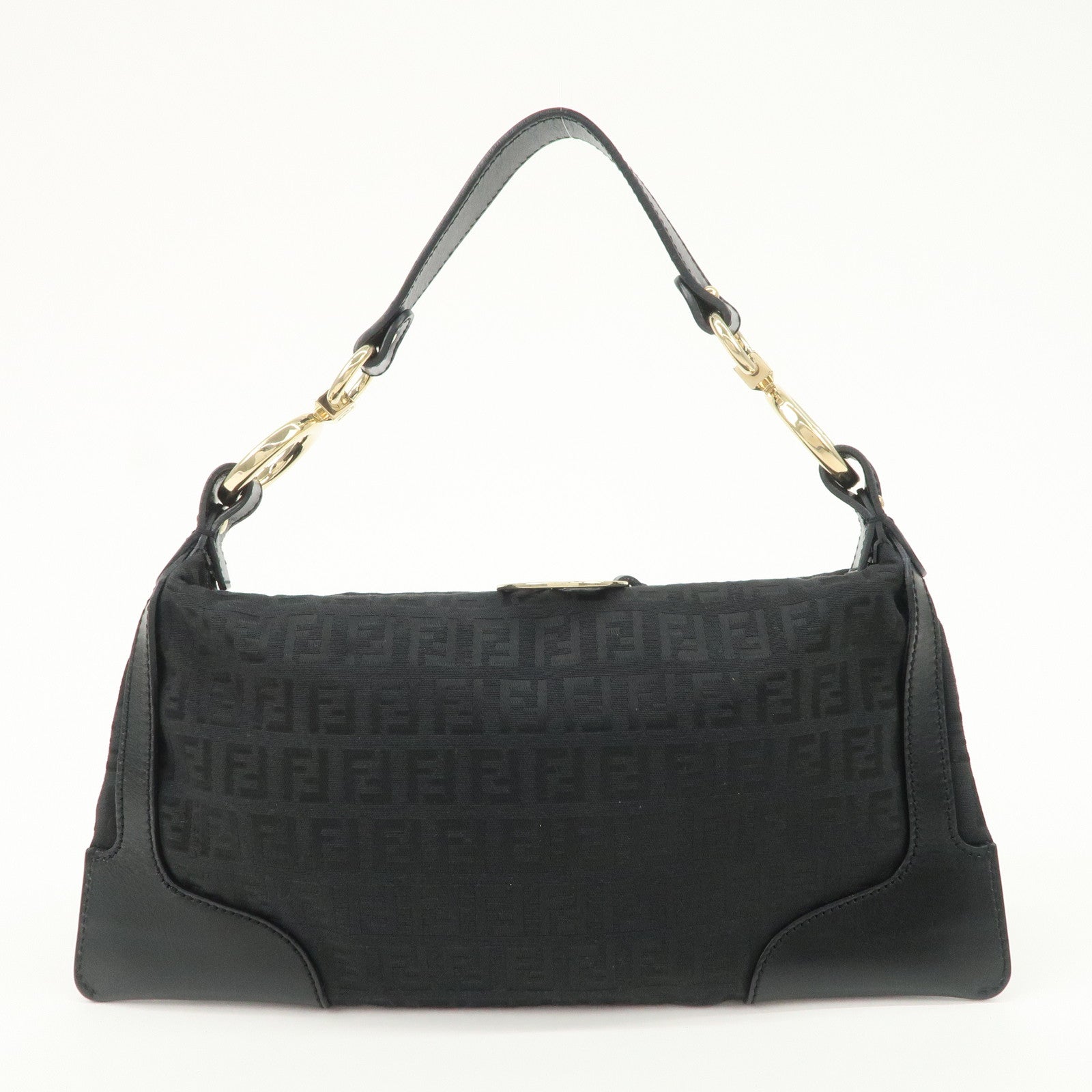 FENDI Zucchino Canvas Leather Logo Charm Shoulder Bag Black 8BR464