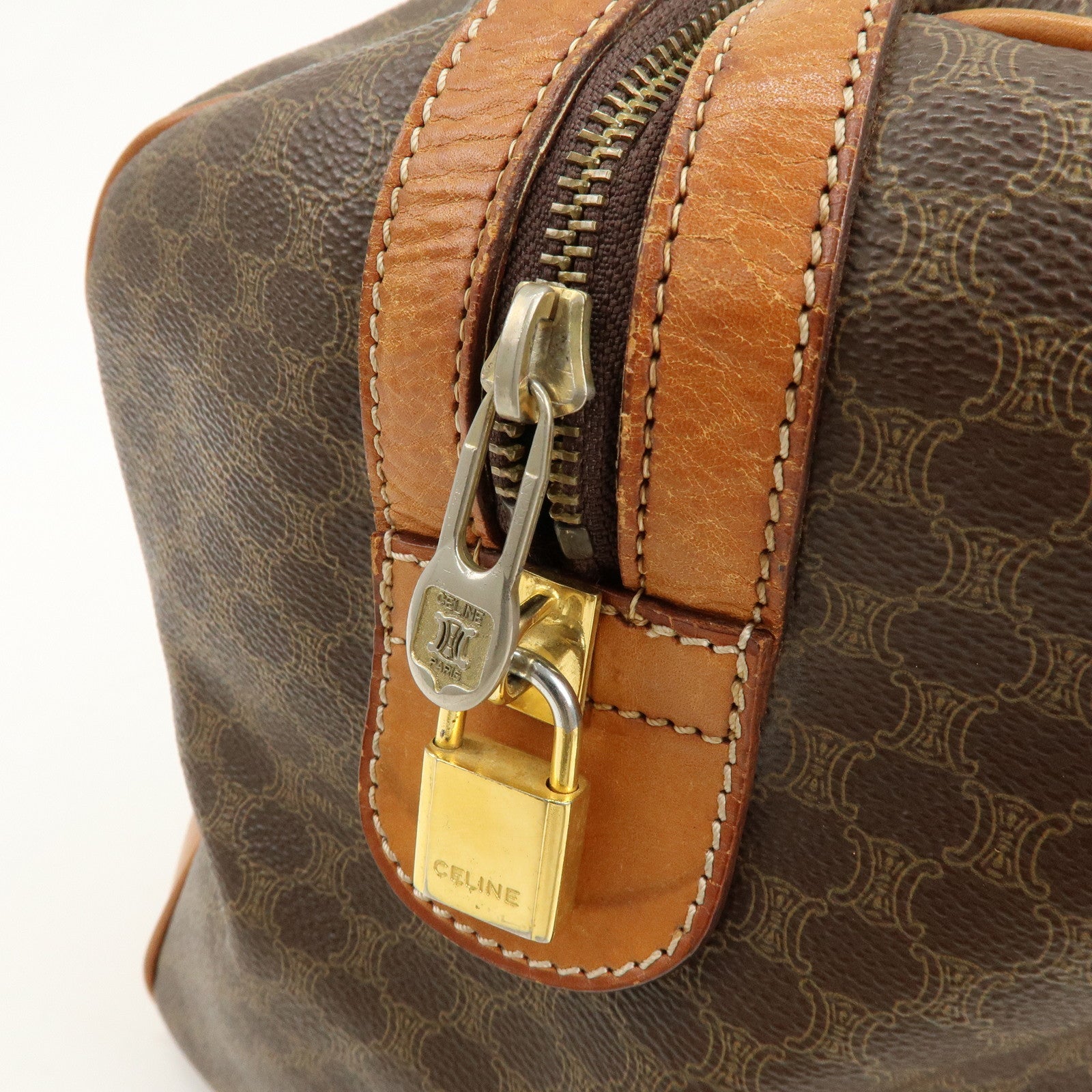 CELINE Macadam PVC Coated Canvas Leather Boston Bag Hand Bag Brown