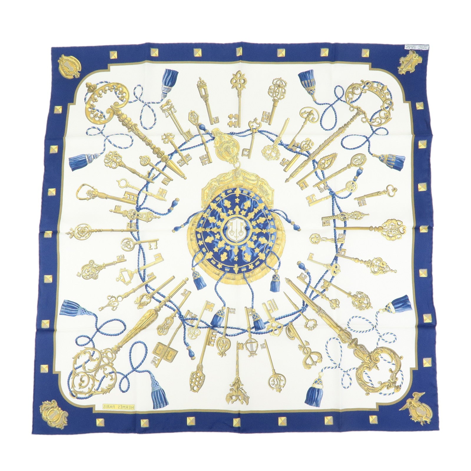 HERMES Carre 90 Silk 100% Scarf LES CLES THE KEYS RARE White Gold