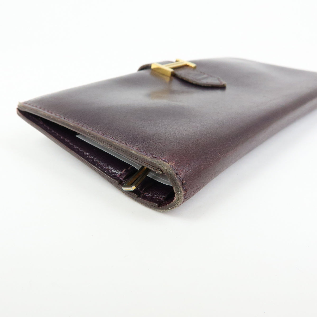 HERMES Bearn Box Calf Leather Bi-fold Long Wallet Purple
