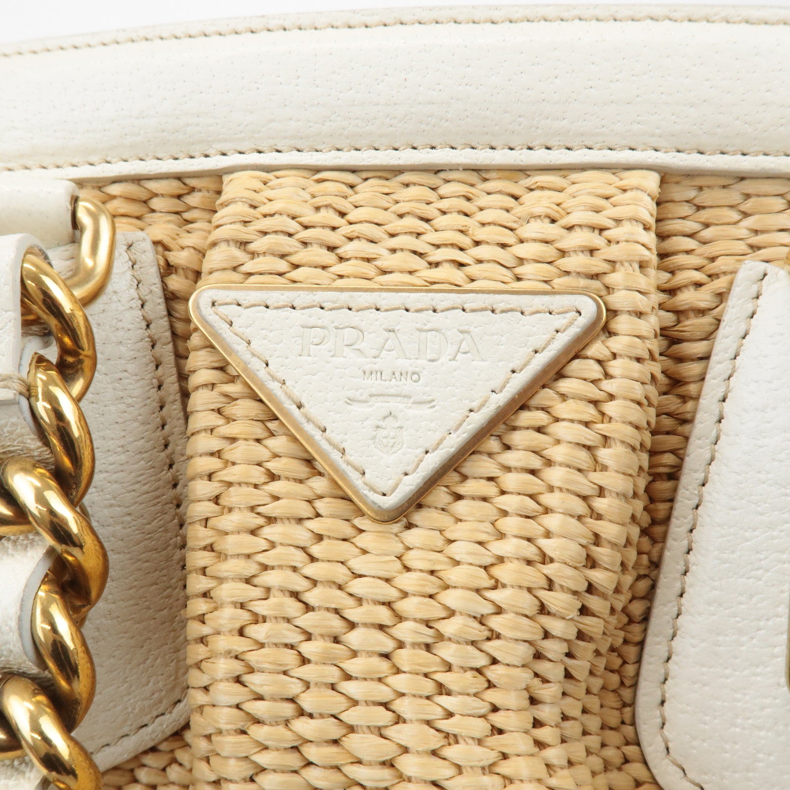 PRADA Triangle Leather Raffia Shoulder Bag Straw Bag Beige BR3693 Used