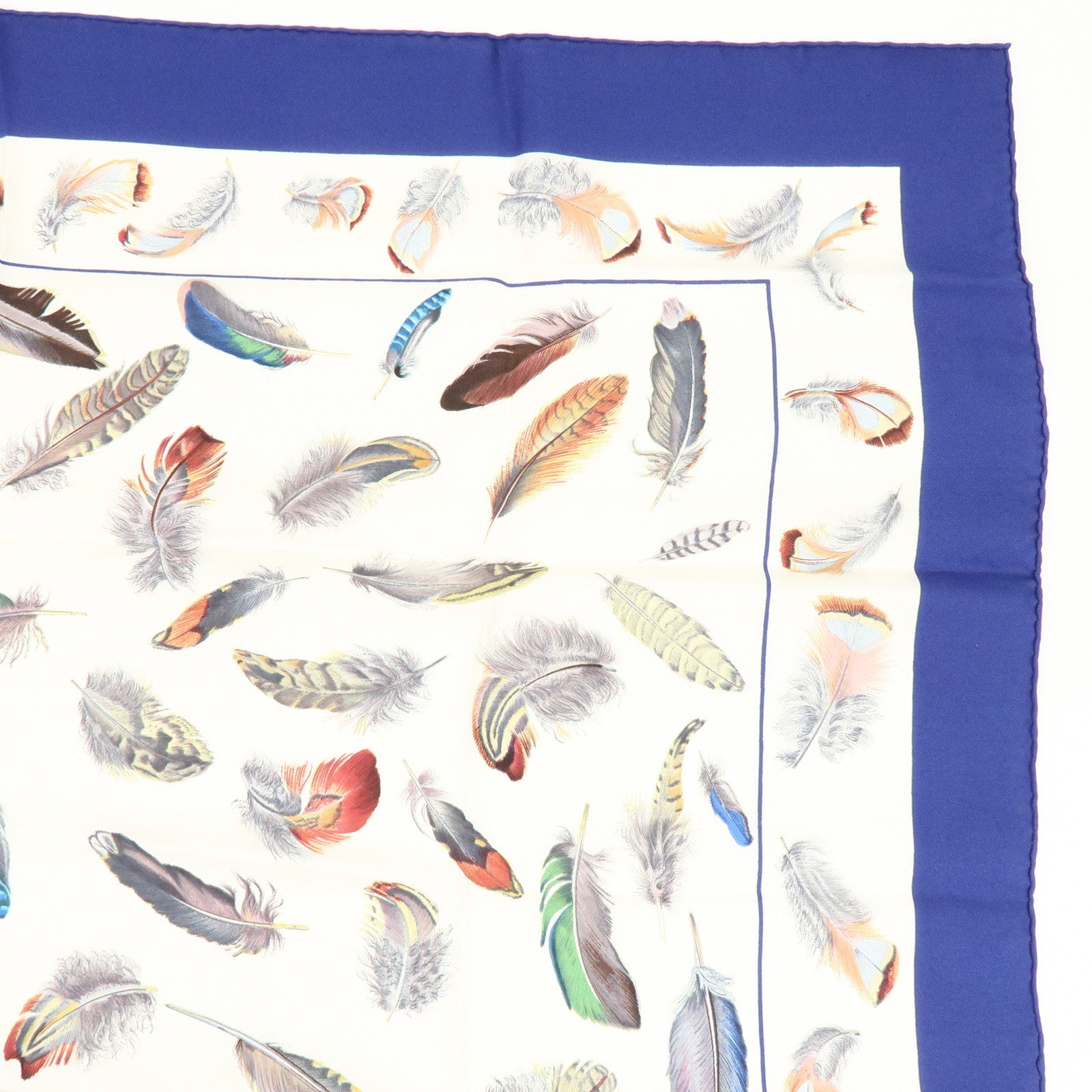 HERMES Carre 90 100% Silk Scarf PLUMES Feather Print Blue White