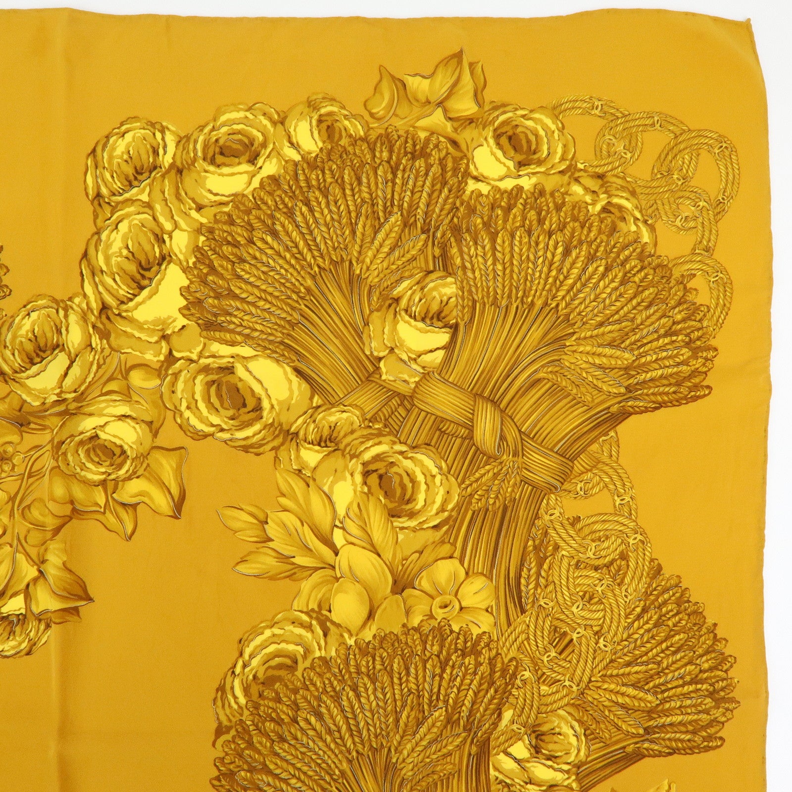 CHANEL Silk 100% Scarf Flower Motif Gold