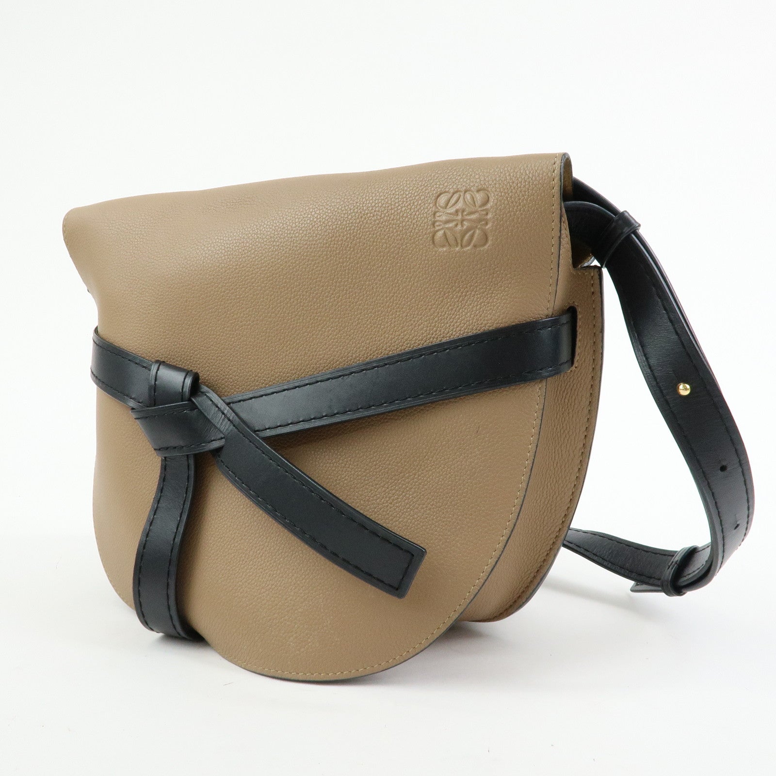 LOEWE Calf Leather Shoulder Bag Gate Bag Medium Beige Black