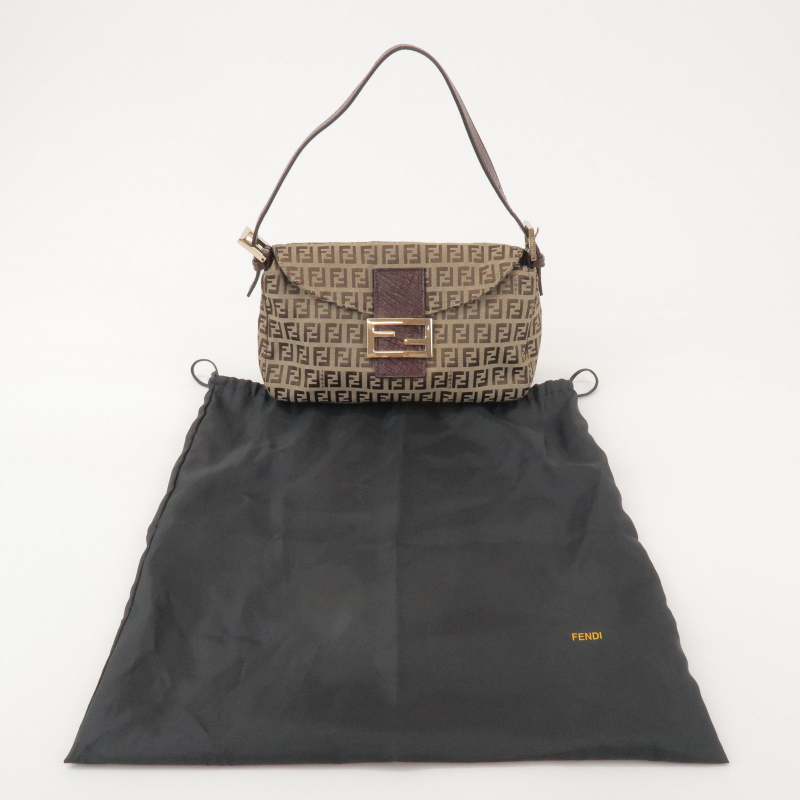 FENDI Zucchino Canvas Leather Hand Bag Brown Beige 8BR003