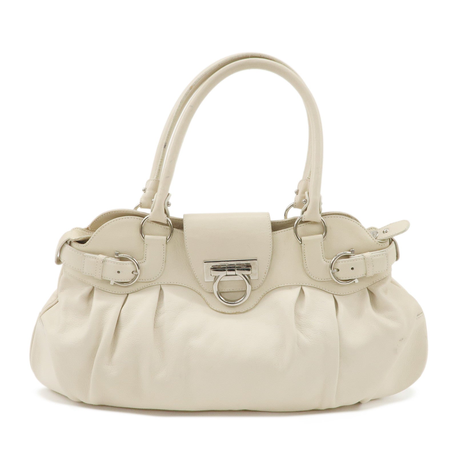 Ferragamo Gancini Leather Shoulder Bag Hand Bag Ivory Silver Hardware Used