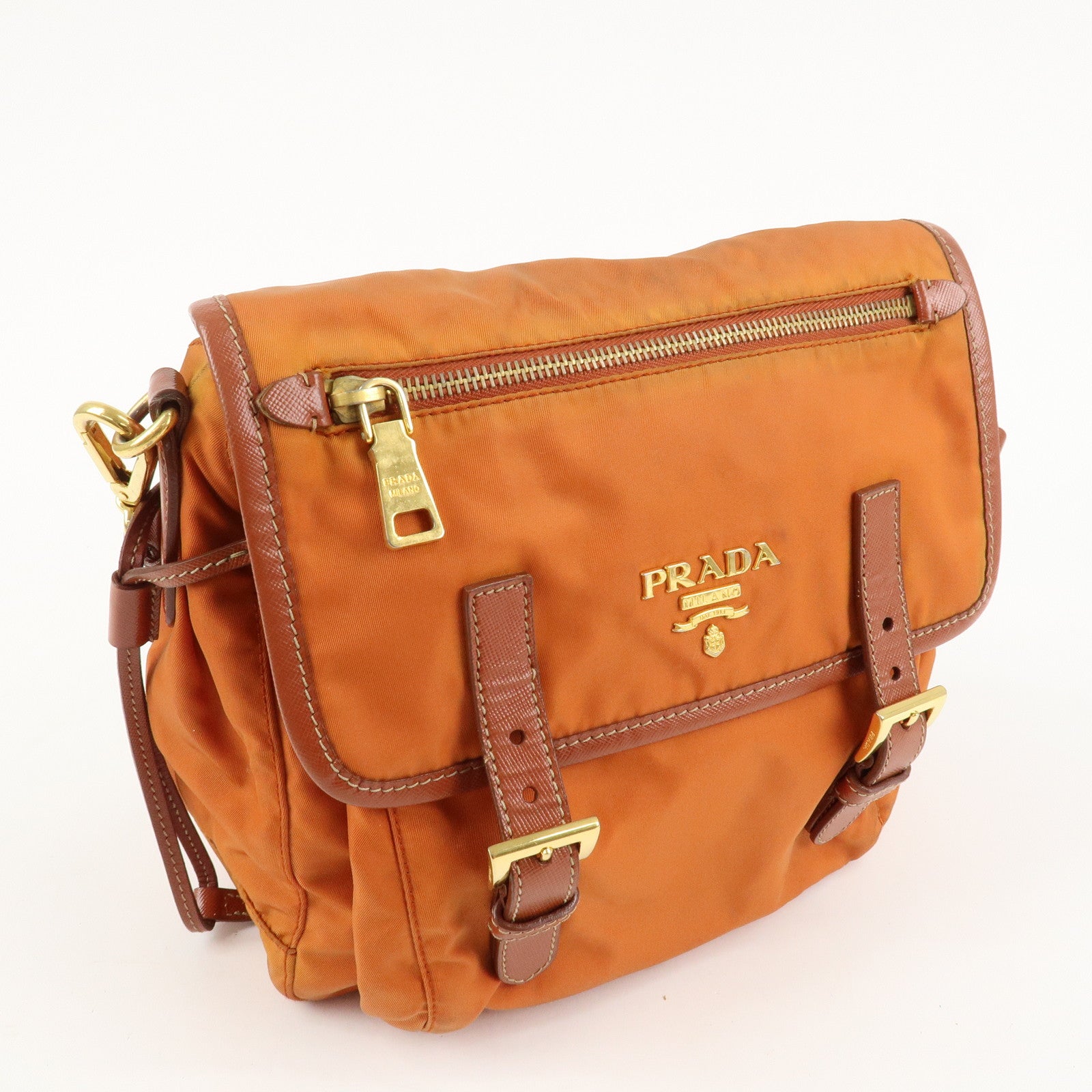 PRADA Logo Nylon Leather Shoulder Bag Crossbody Bag Orange BT0692 Used
