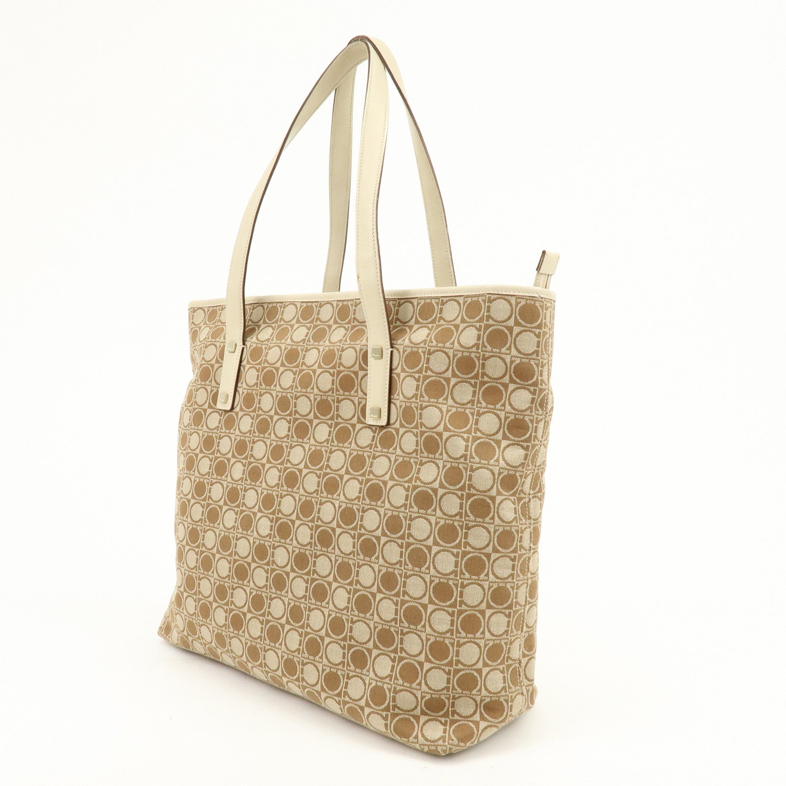 Ferragamo Gancini Canvas Leather Tote Bag Hand Bag Brown Beige