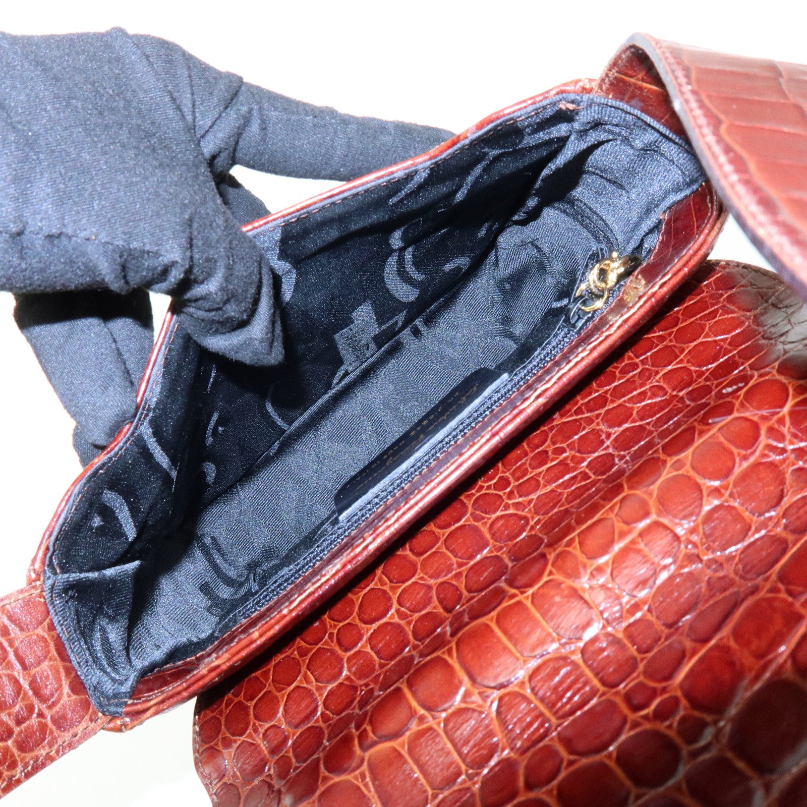 Ferragamo Gancini Embossed Leather Shoulder Bag Crossbody Bag Brown