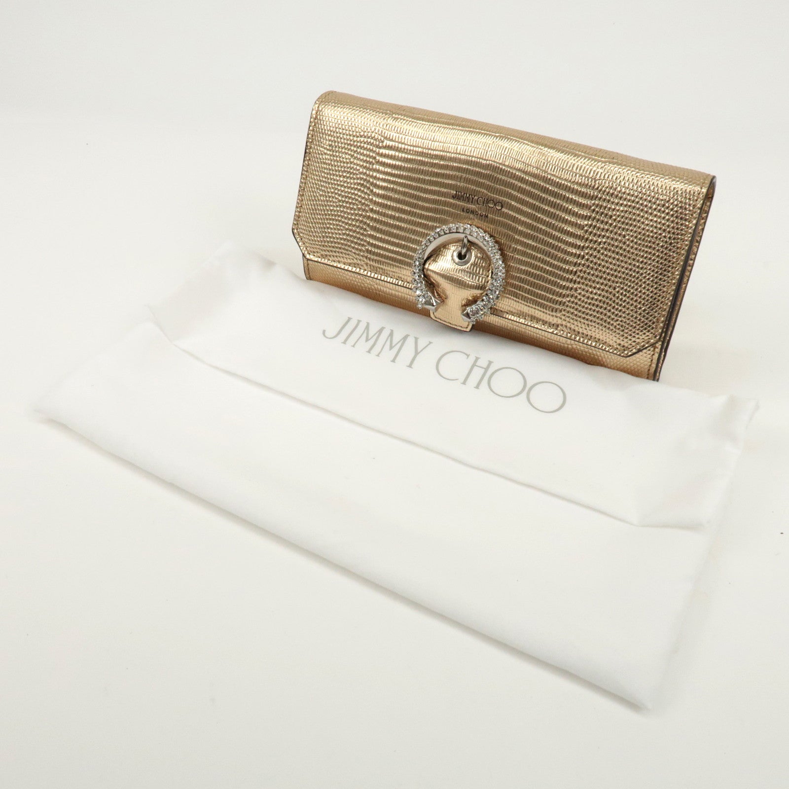 JIMMY CHOO Leather Rhine Stone Chain Wallet Gold Silver HDW Used