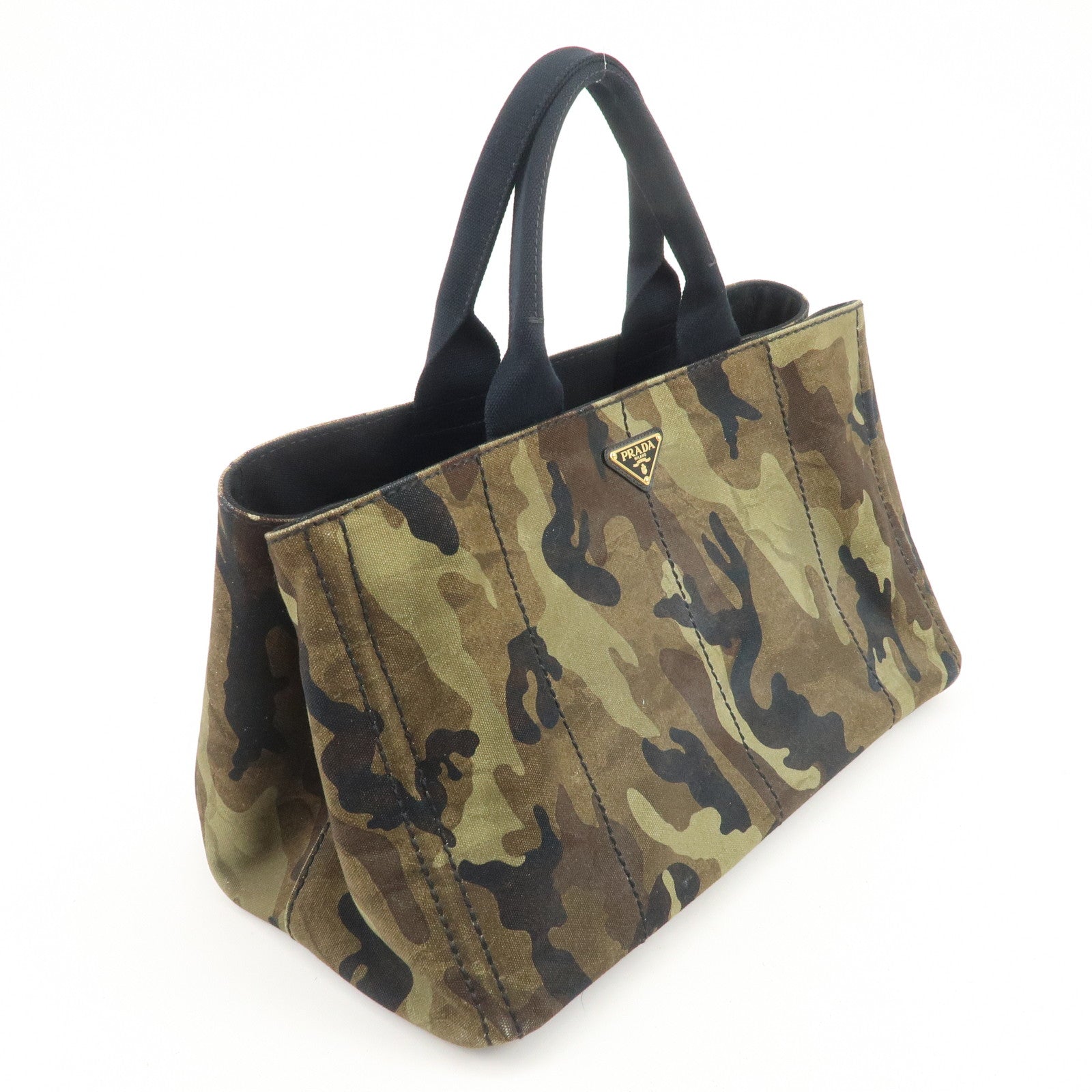 PRADA Triangle Logo Canapa Large Canvas Tote Hand Bag Khaki BN1872