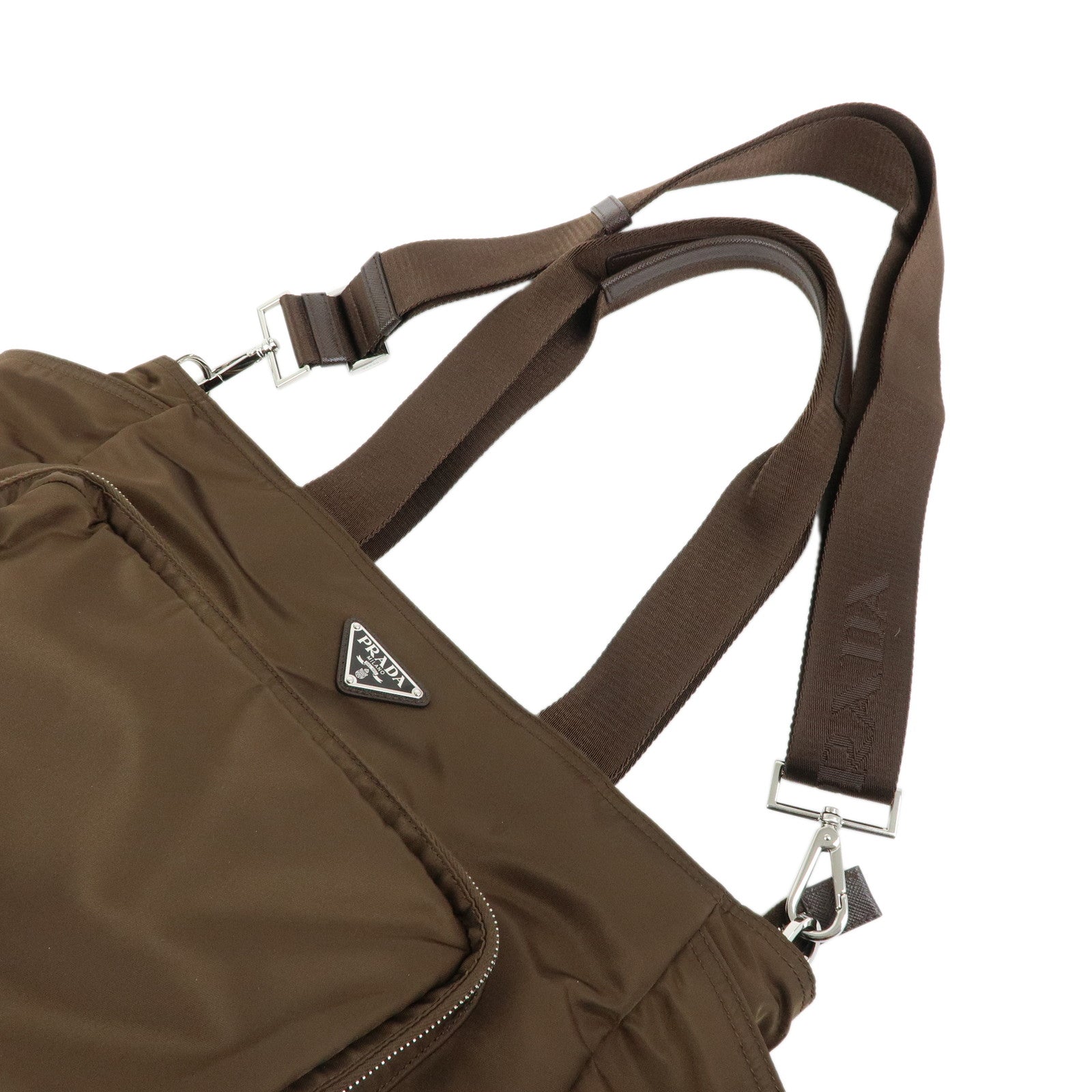 PRADA Triangle Logo Nylon Leather 2Way Hand Bag Khaki Brown 1BG102