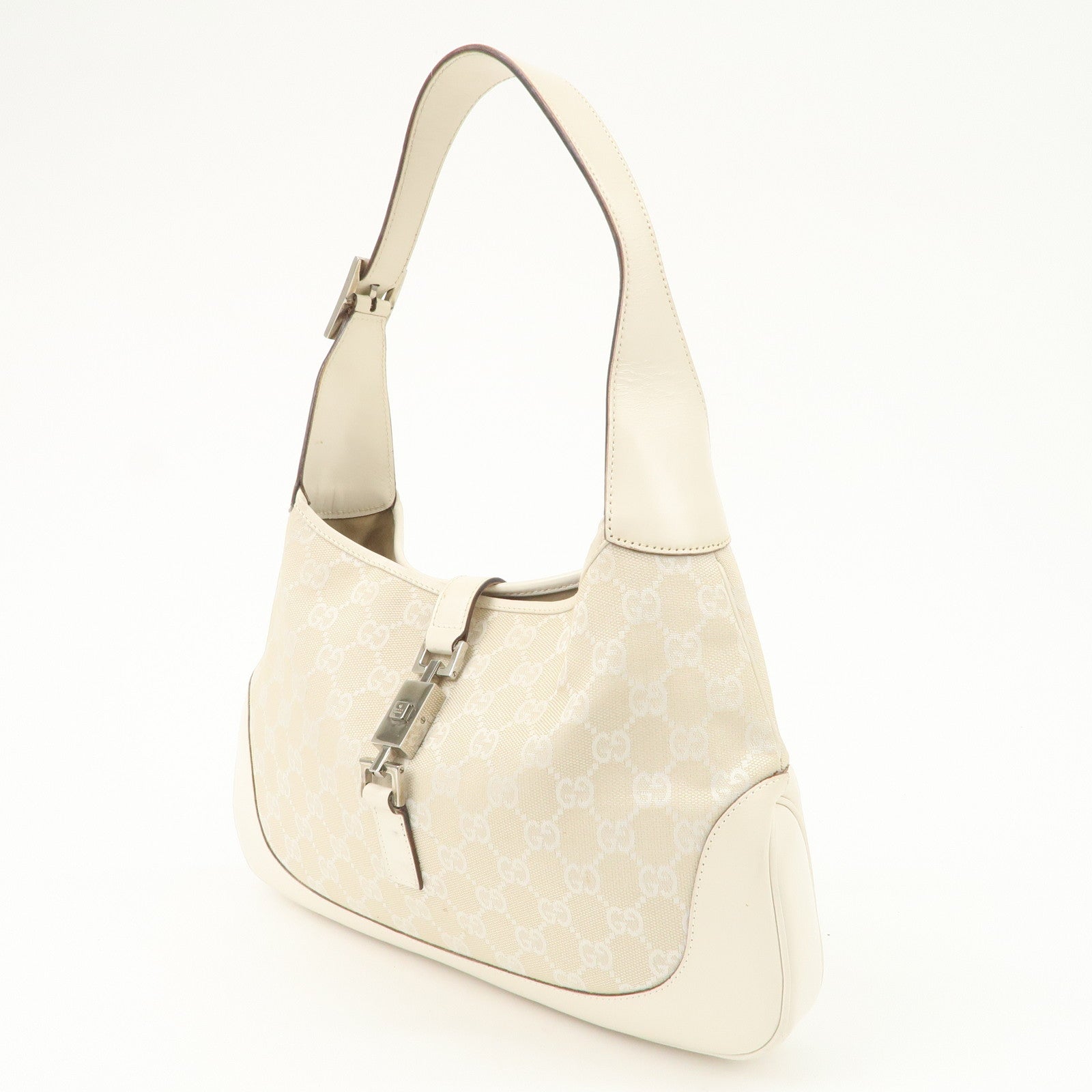 GUCCI Jackie GG Canvas Leather Shoulder Bag Beige White