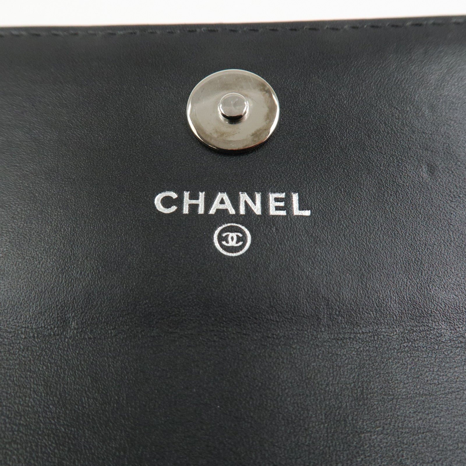 CHANEL Camellia Leather Long Wallet Black Silver Studs A82283