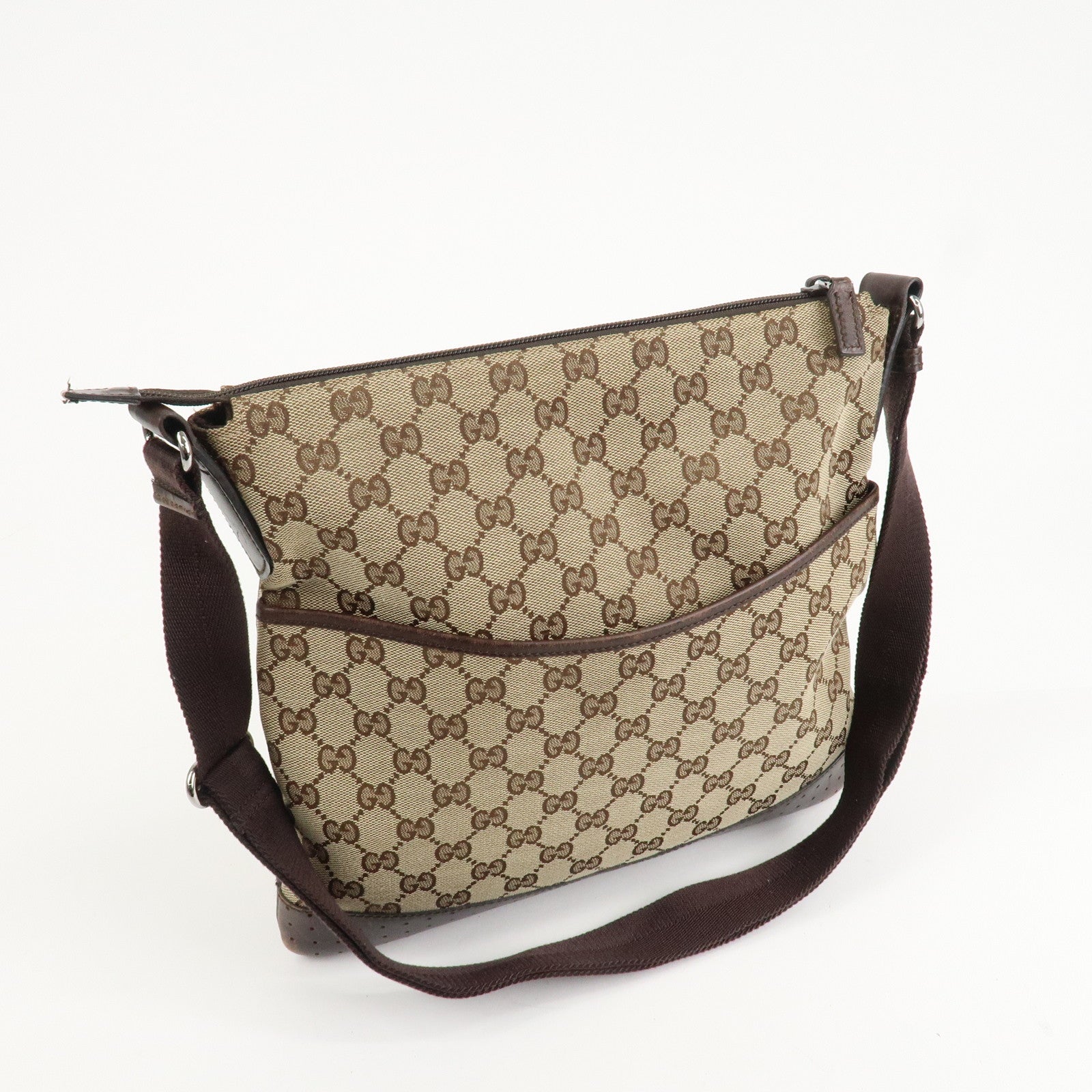 GUCCI GG Canvas Leather Shoulder Bag Crossbody Bag Brown 145857 Used