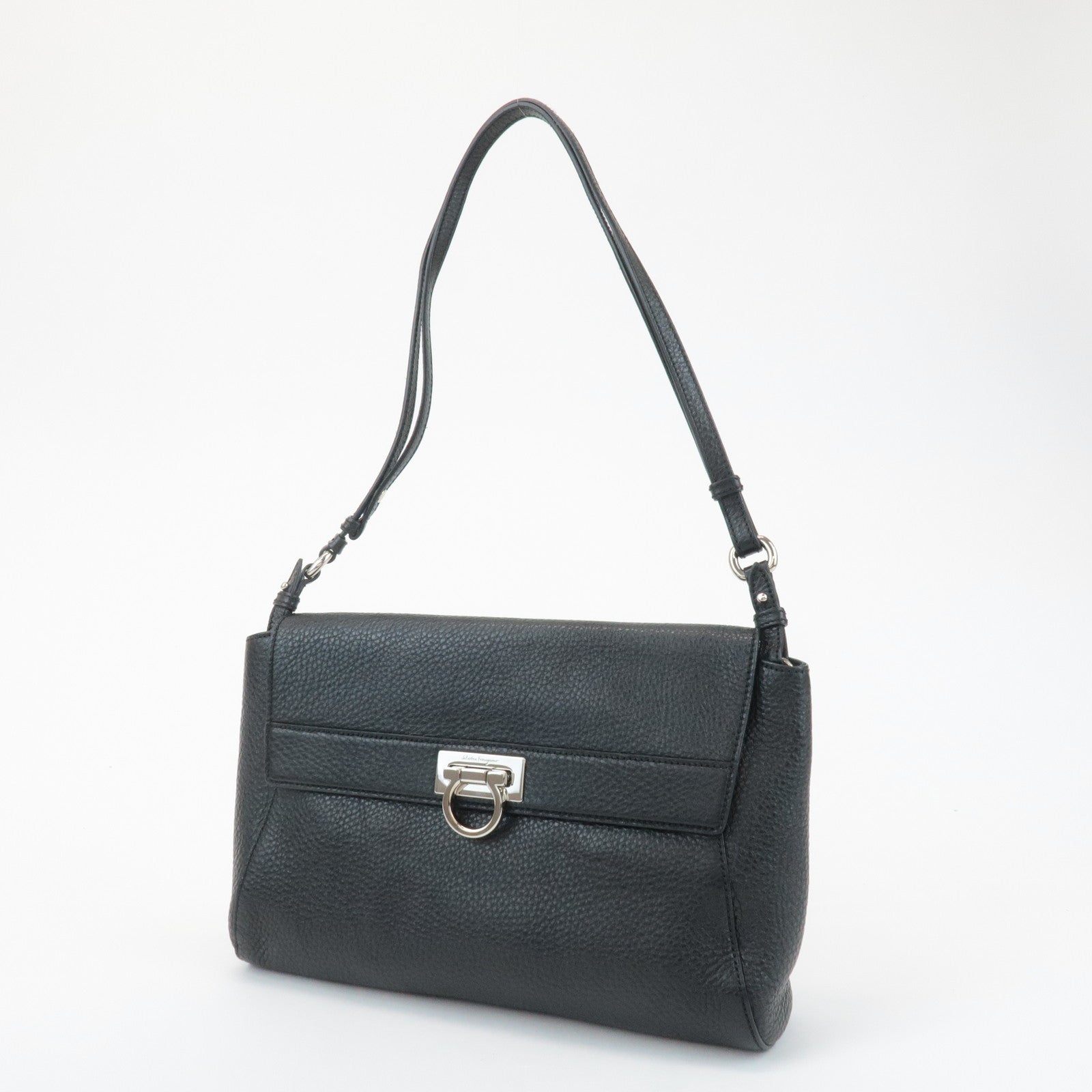 Ferragamo Gancini Leather 3Way Shoulder Bag Hand Bag Black Silver HDW Used