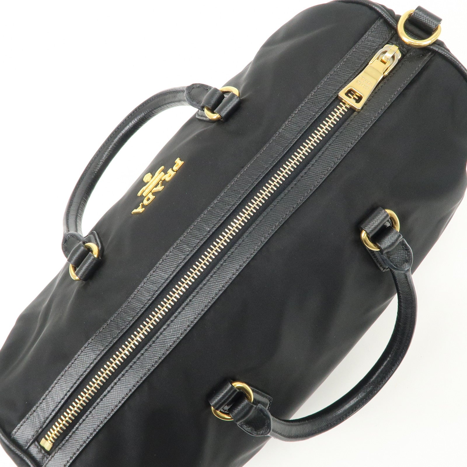 PPRADA Logo Nylon Leather Boston Bag Hand Bag Black Gold HDW Used