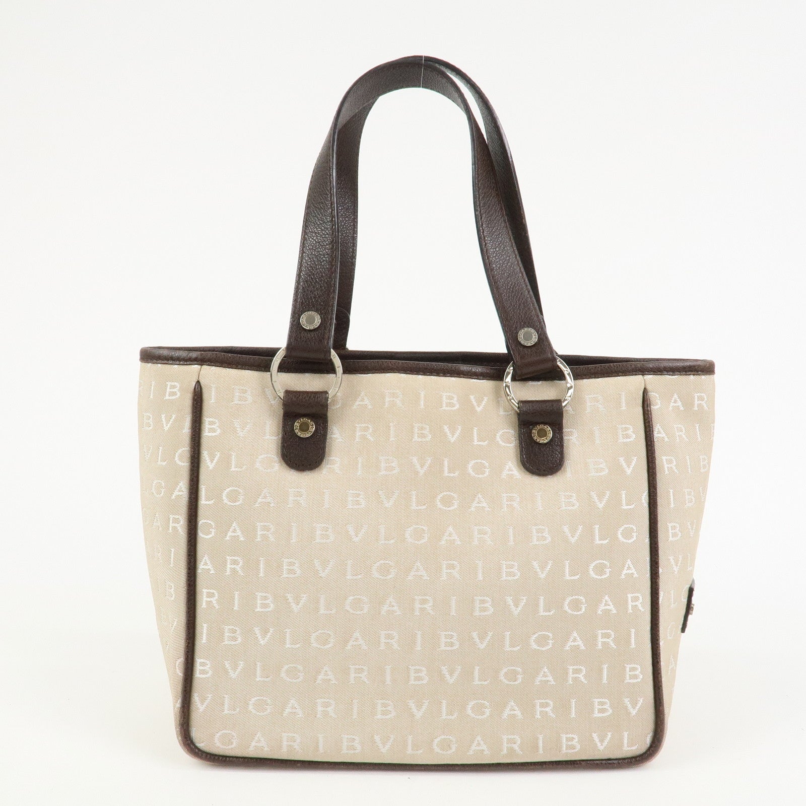BVLGARI Logo Mania Canvas Leather Tote Bag Hand Bag Beige Brown