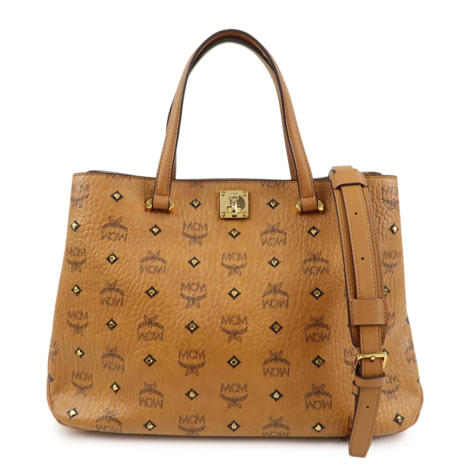 MCM Visetos PVC Leather 2Way Bag Hand Shoulder Bag Studs Cognac